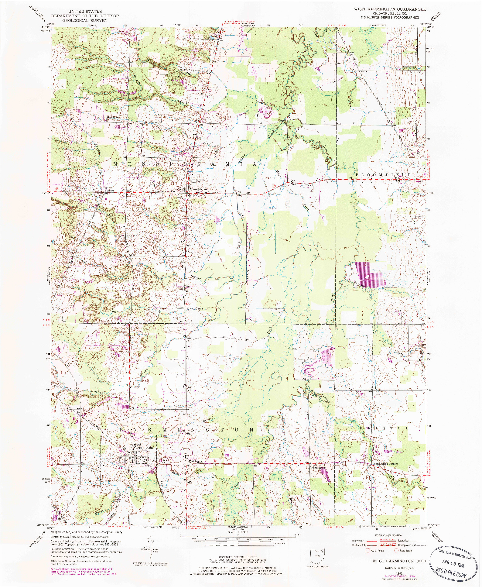 USGS 1:24000-SCALE QUADRANGLE FOR WEST FARMINGTON, OH 1952