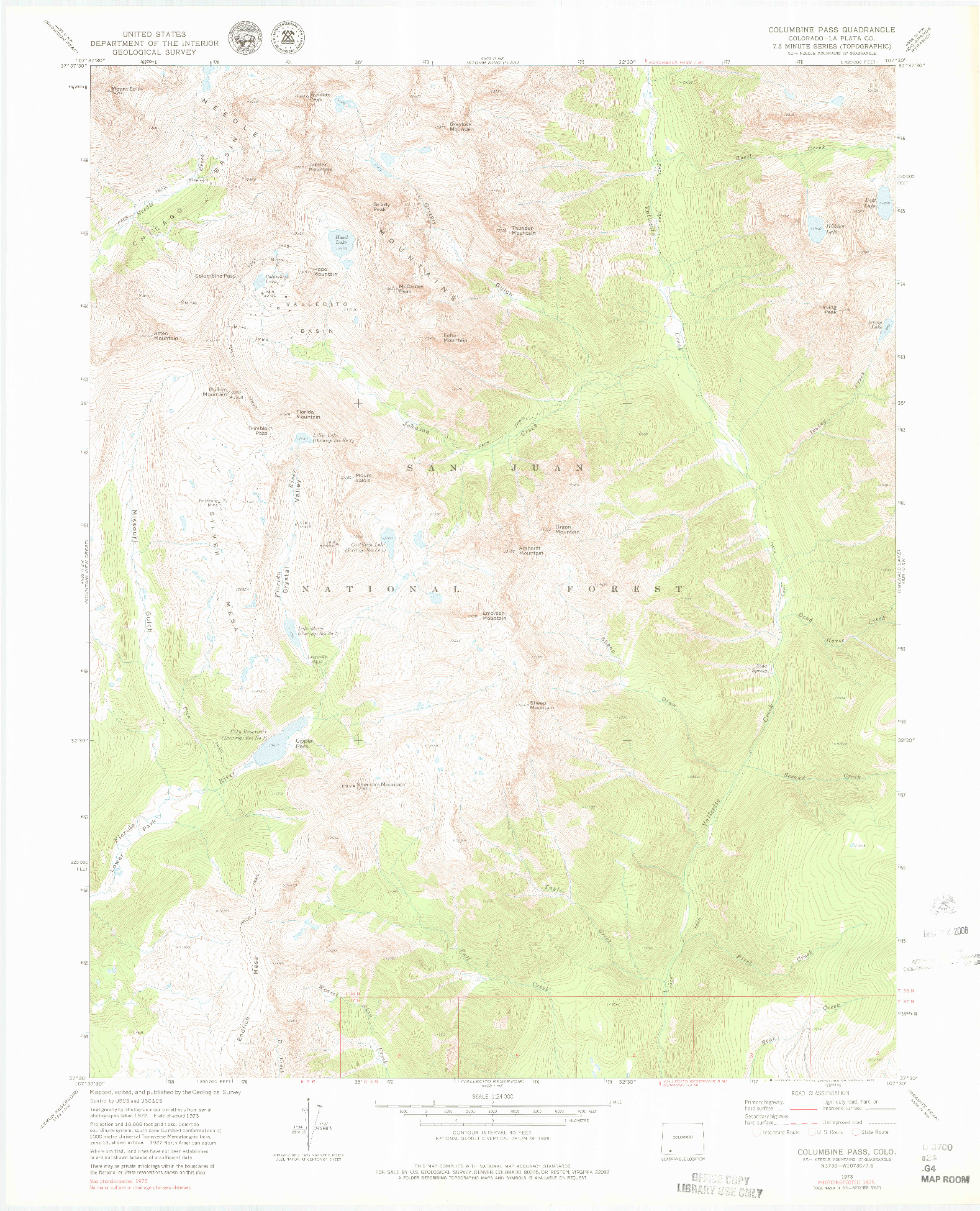 USGS 1:24000-SCALE QUADRANGLE FOR COLUMBINE PASS, CO 1973