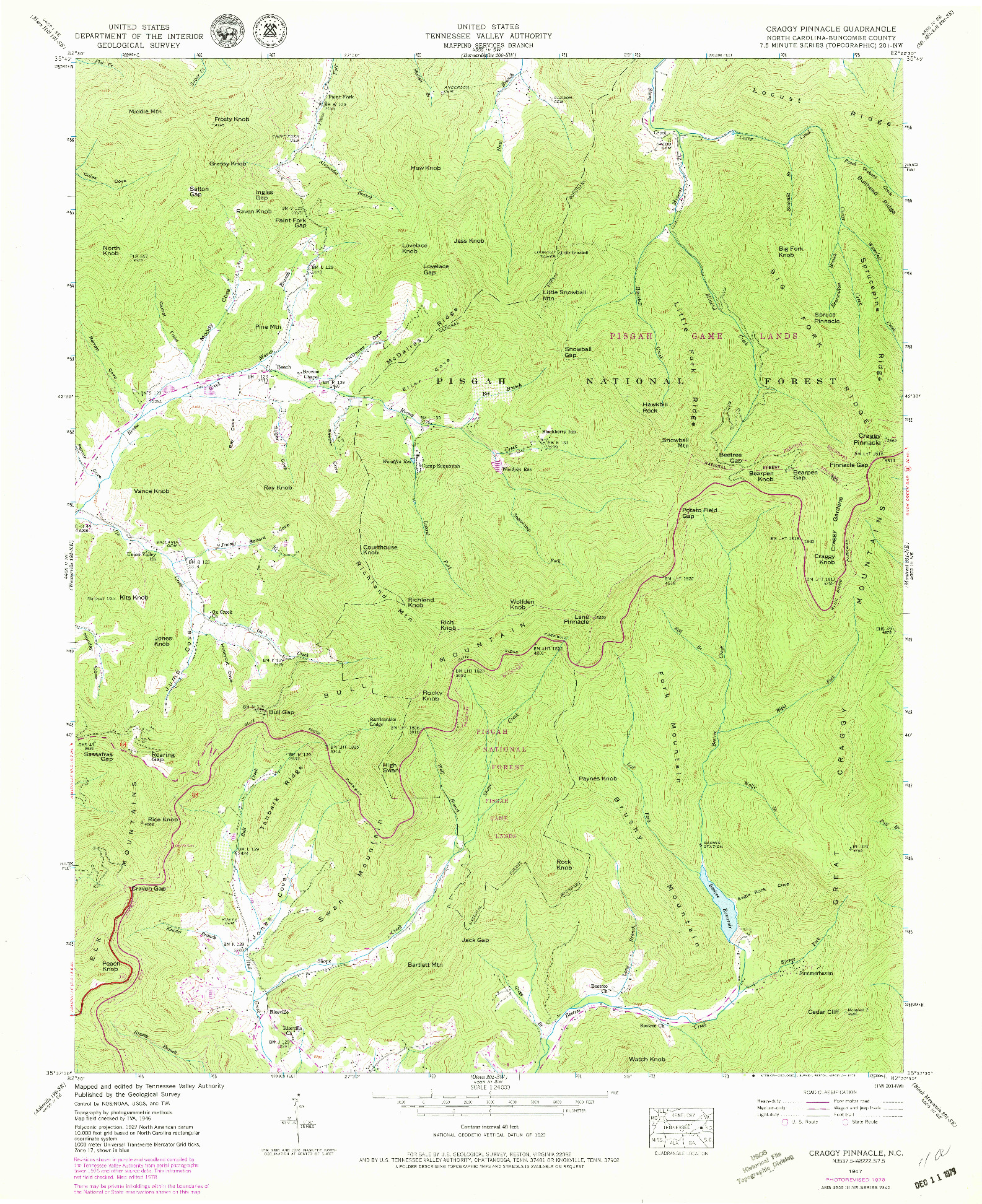 USGS 1:24000-SCALE QUADRANGLE FOR CRAGGY PINNACLE, NC 1947