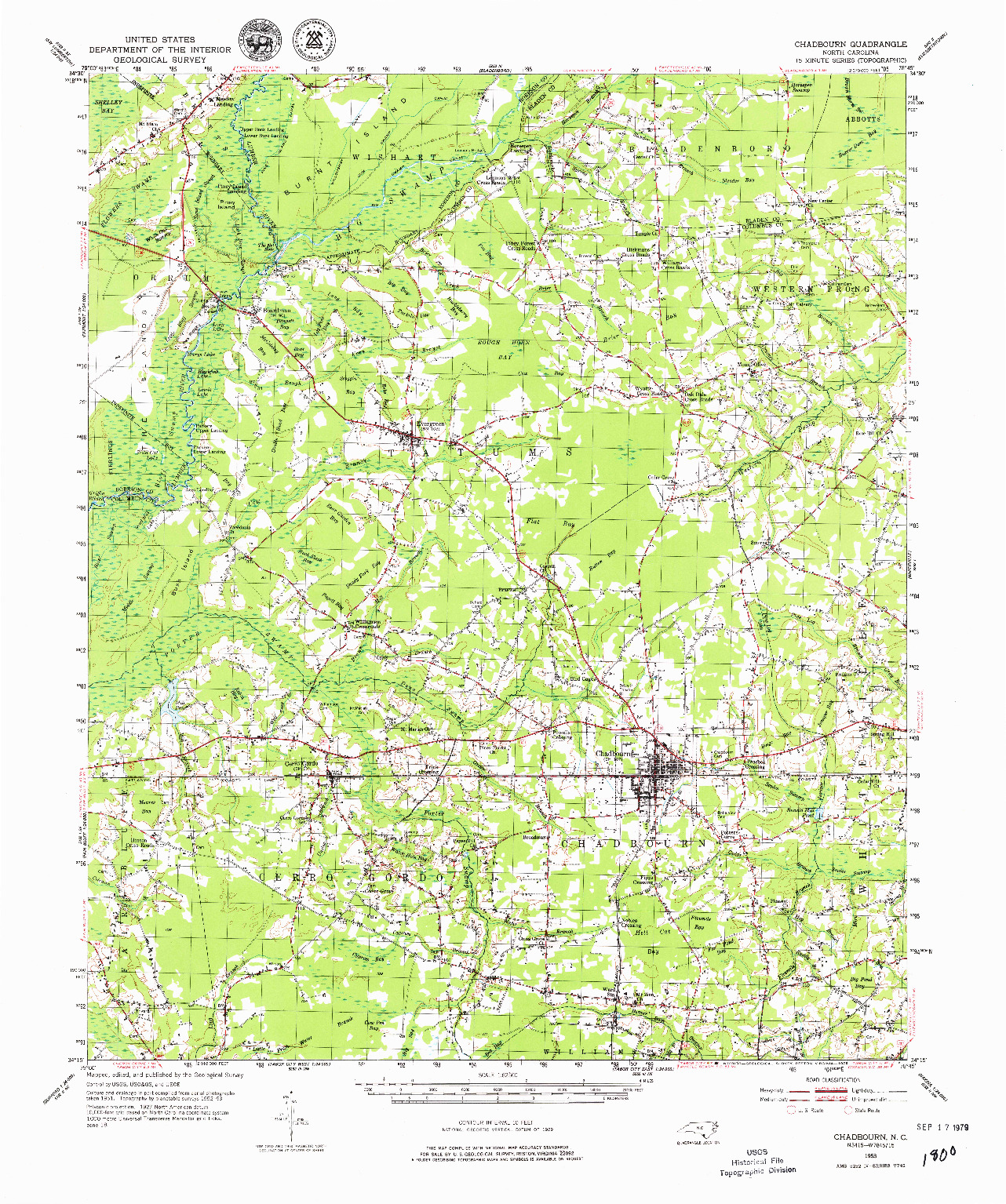 USGS 1:62500-SCALE QUADRANGLE FOR CHADBOURN, NC 1953