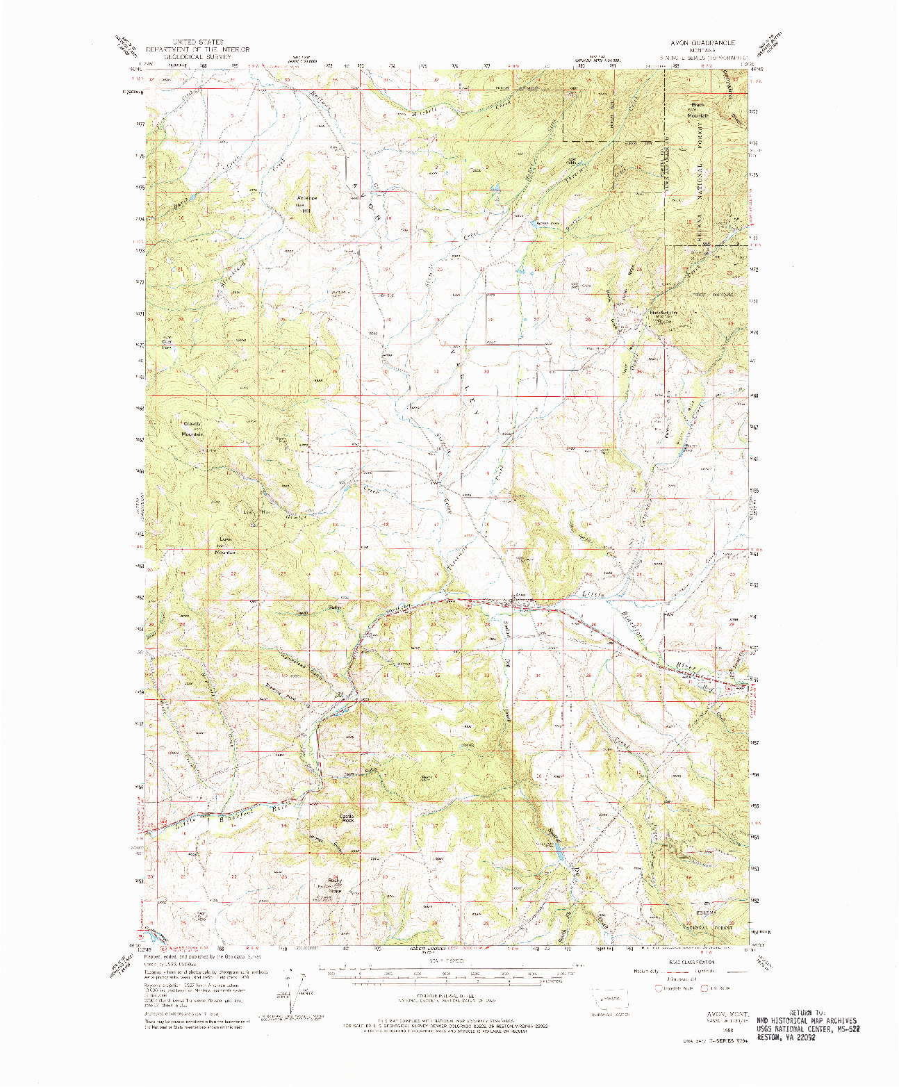 USGS 1:62500-SCALE QUADRANGLE FOR AVON, MT 1958