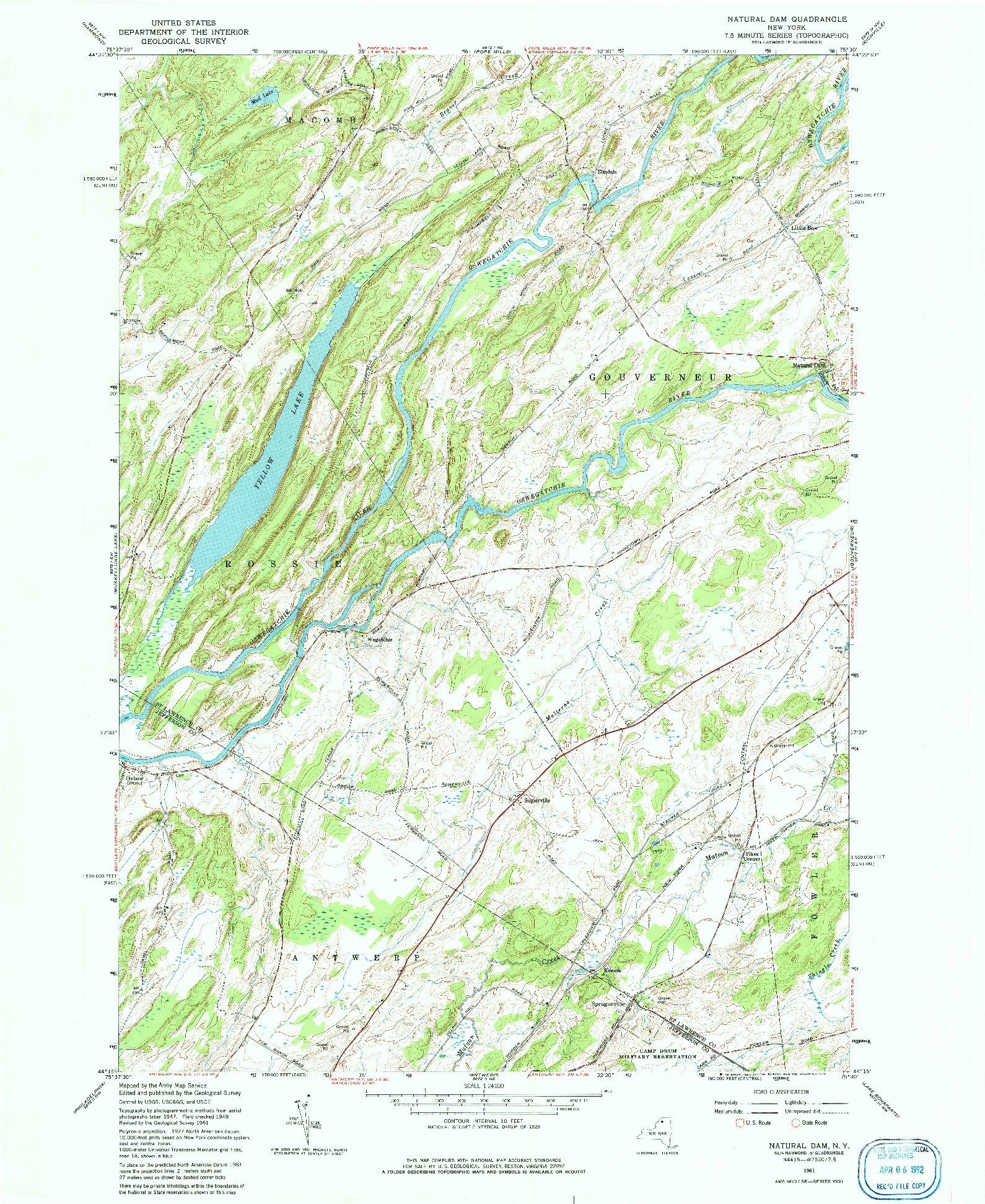 USGS 1:24000-SCALE QUADRANGLE FOR NATURAL DAM, NY 1961