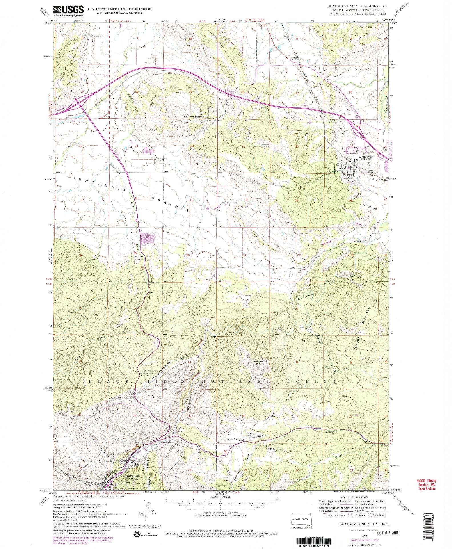 USGS 1:24000-SCALE QUADRANGLE FOR DEADWOOD NORTH, SD 1961