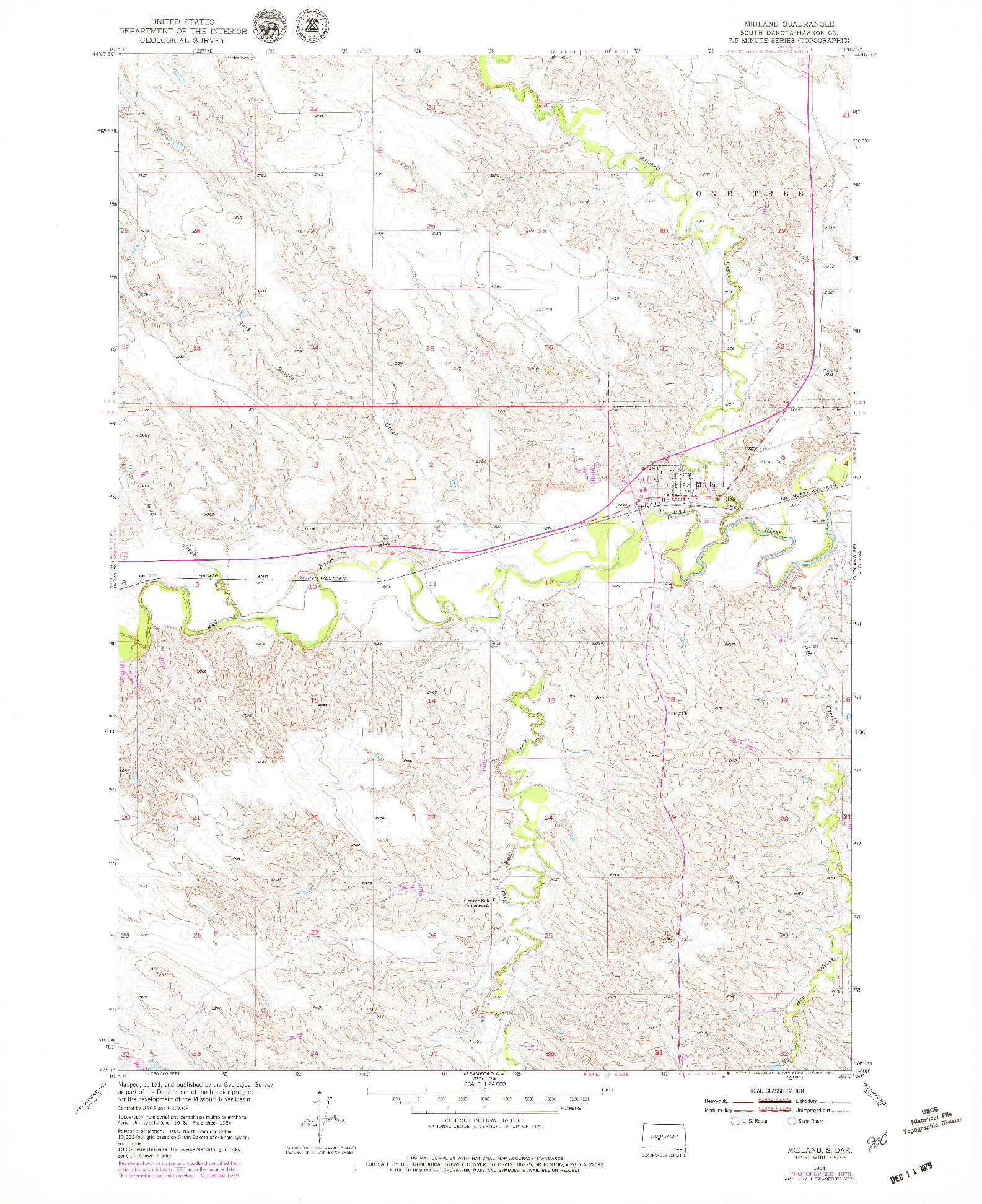 USGS 1:24000-SCALE QUADRANGLE FOR MIDLAND, SD 1954