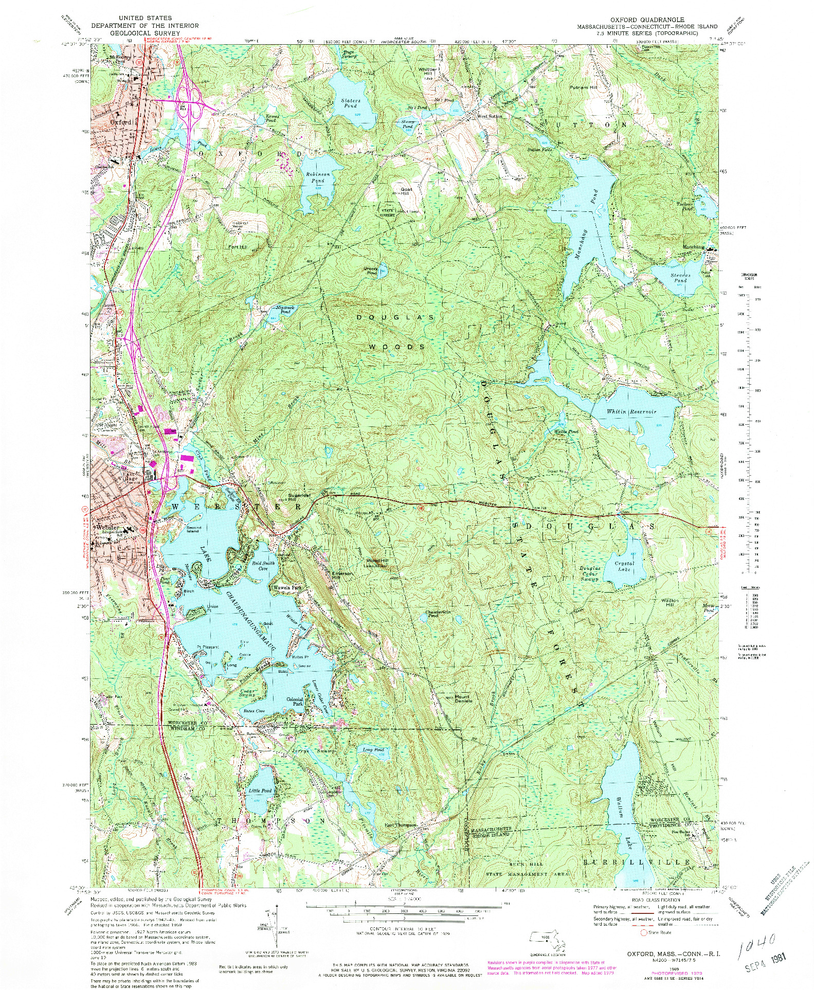 USGS 1:24000-SCALE QUADRANGLE FOR OXFORD, MA 1969