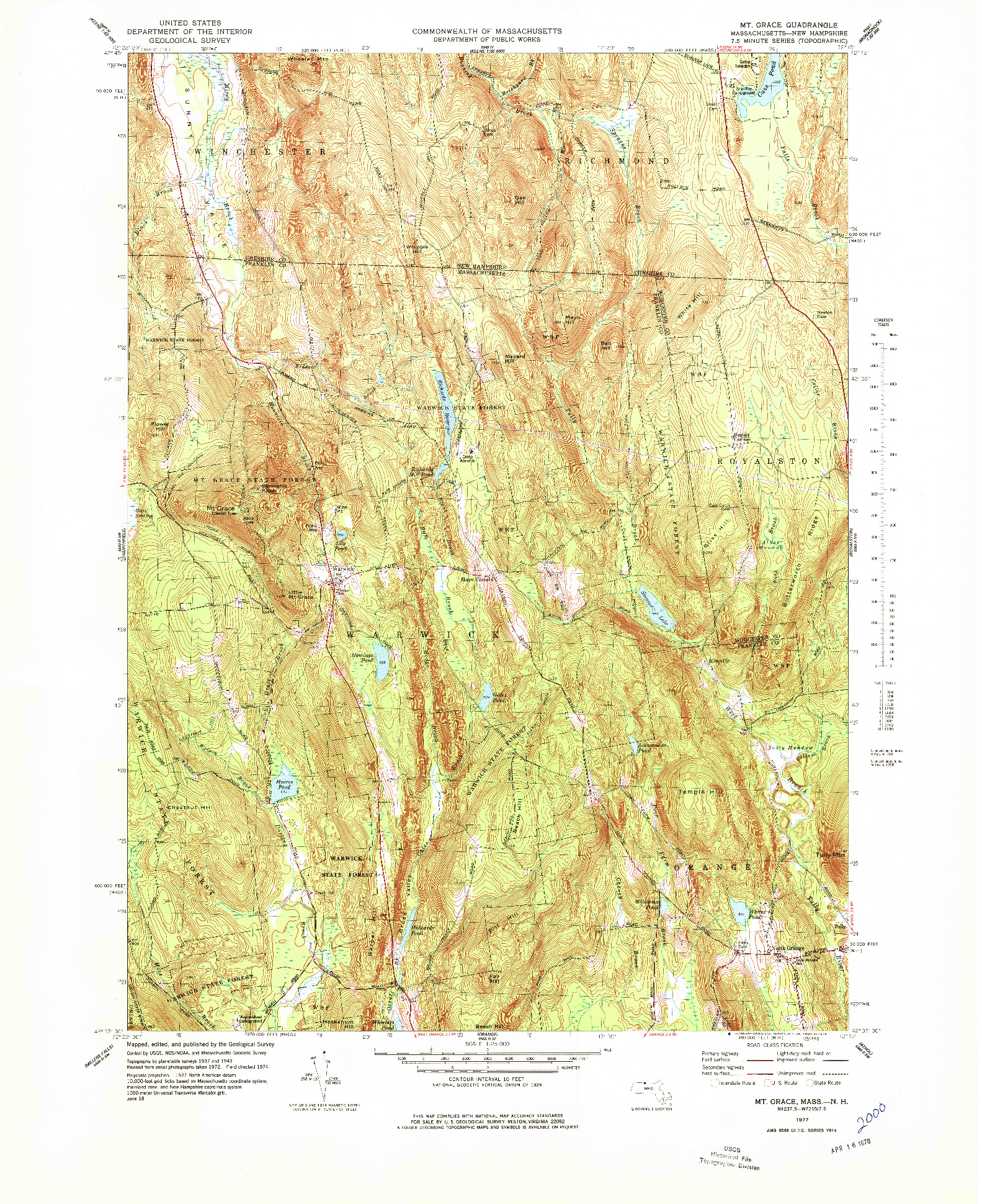 USGS 1:25000-SCALE QUADRANGLE FOR MT GRACE, MA 1977