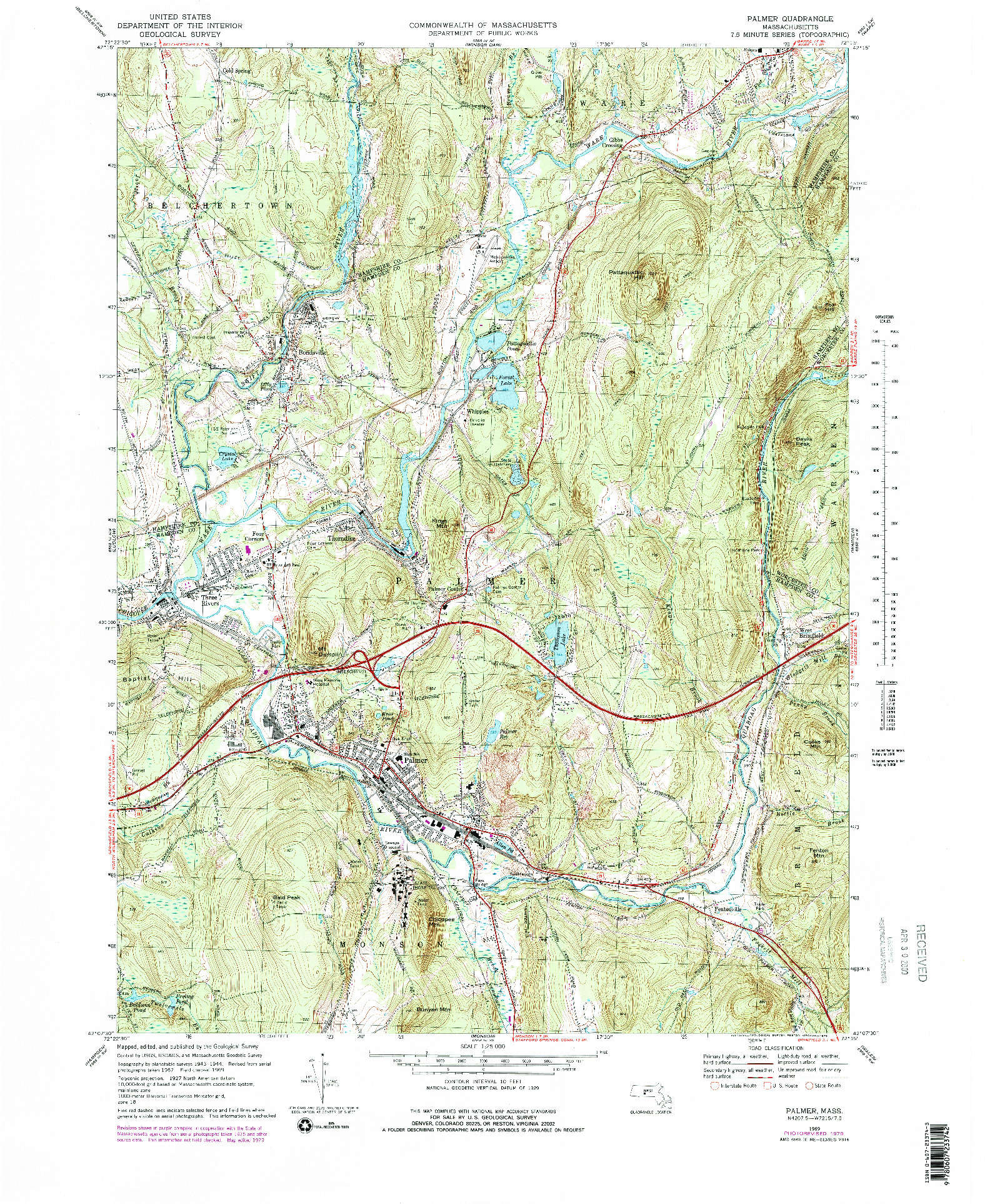 USGS 1:25000-SCALE QUADRANGLE FOR PALMER, MA 1969