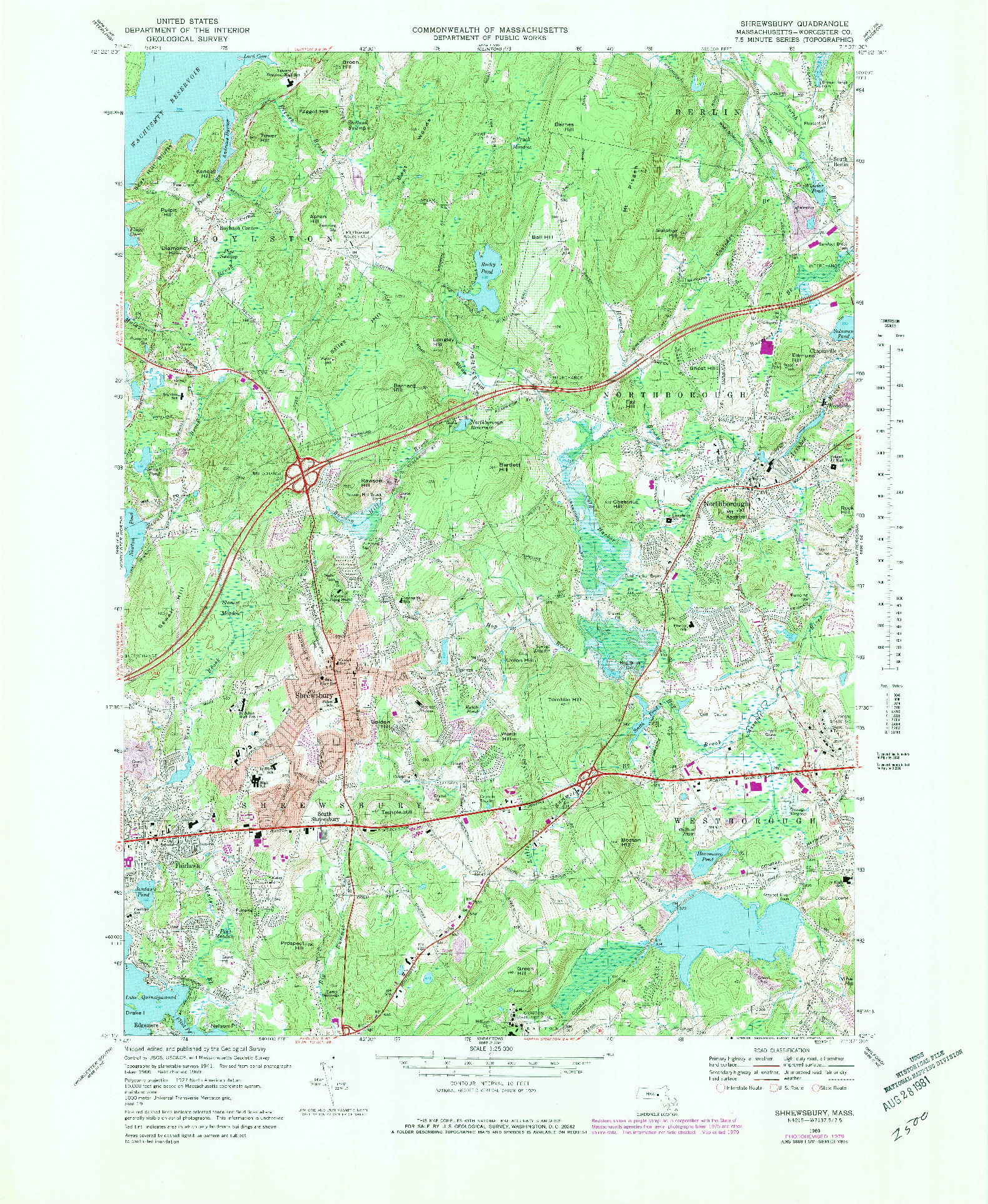 USGS 1:25000-SCALE QUADRANGLE FOR SHREWSBURY, MA 1969
