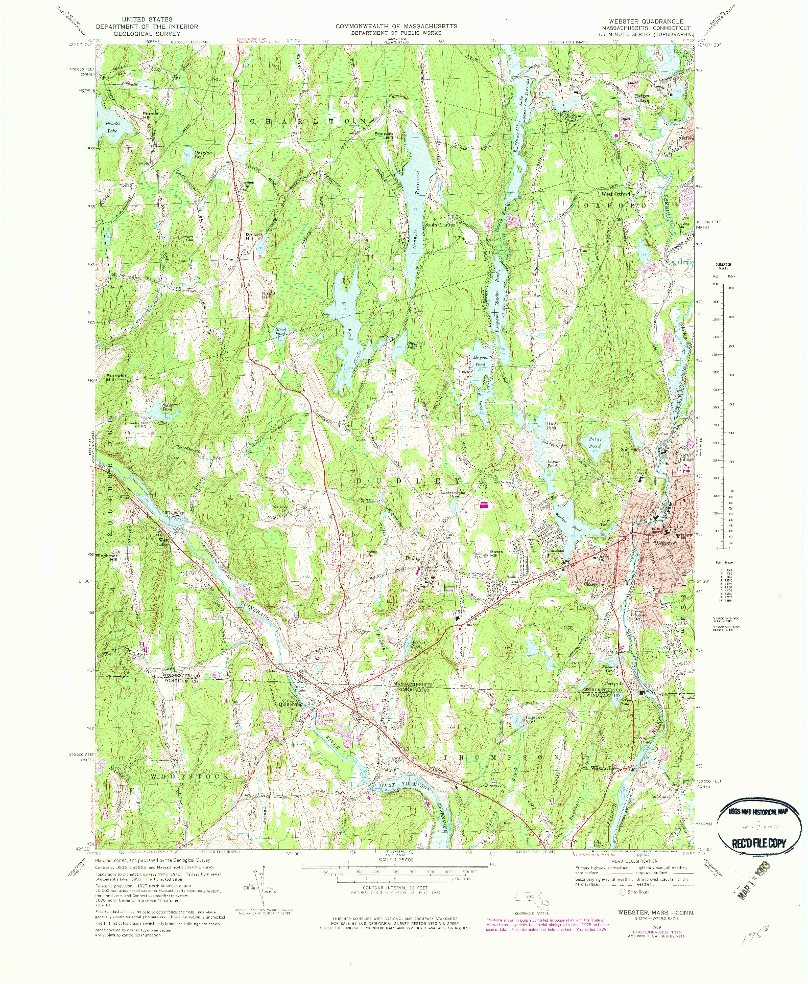 USGS 1:25000-SCALE QUADRANGLE FOR WEBSTER, MA 1969