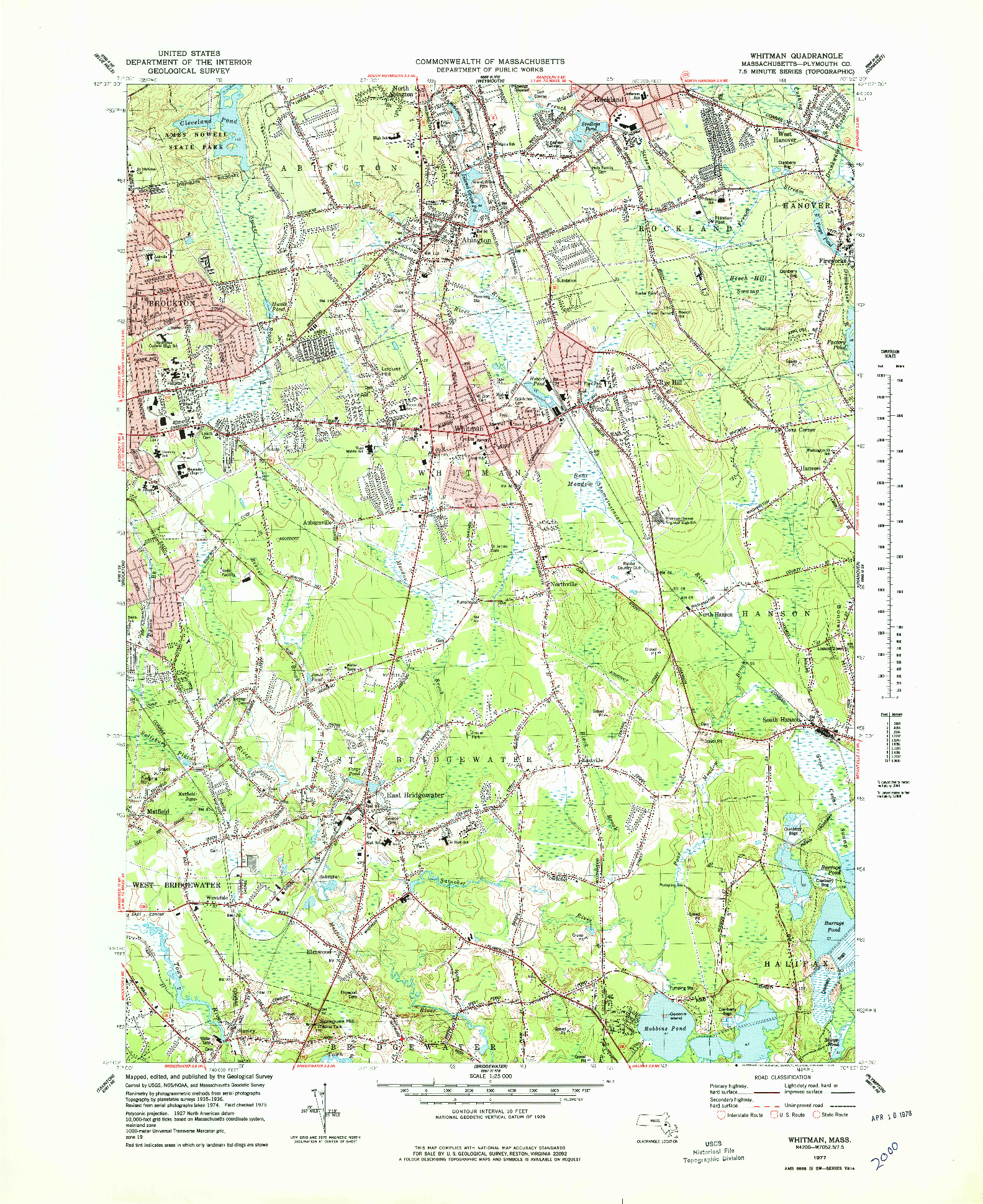 USGS 1:25000-SCALE QUADRANGLE FOR WHITMAN, MA 1977