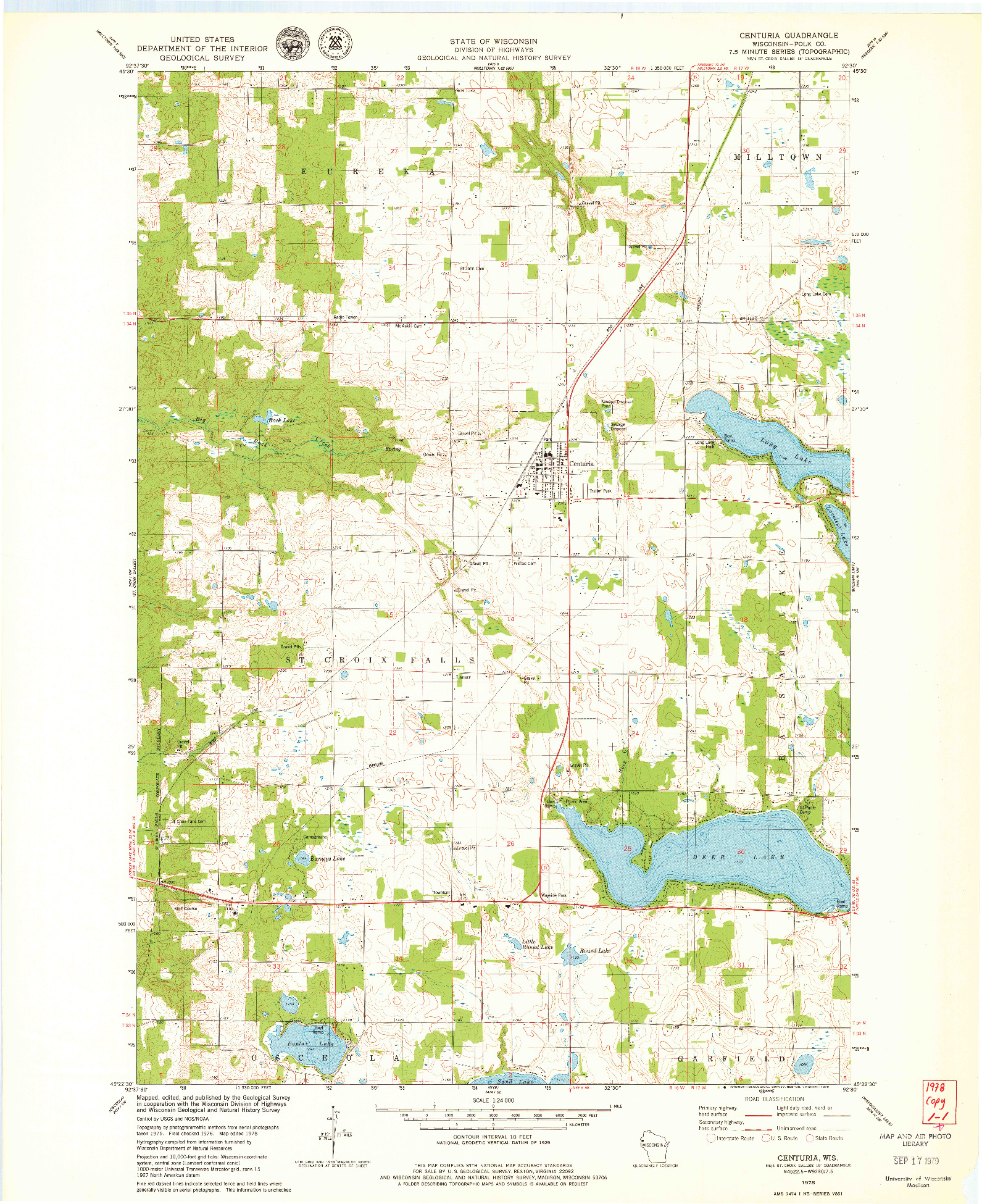 USGS 1:24000-SCALE QUADRANGLE FOR CENTURIA, WI 1978