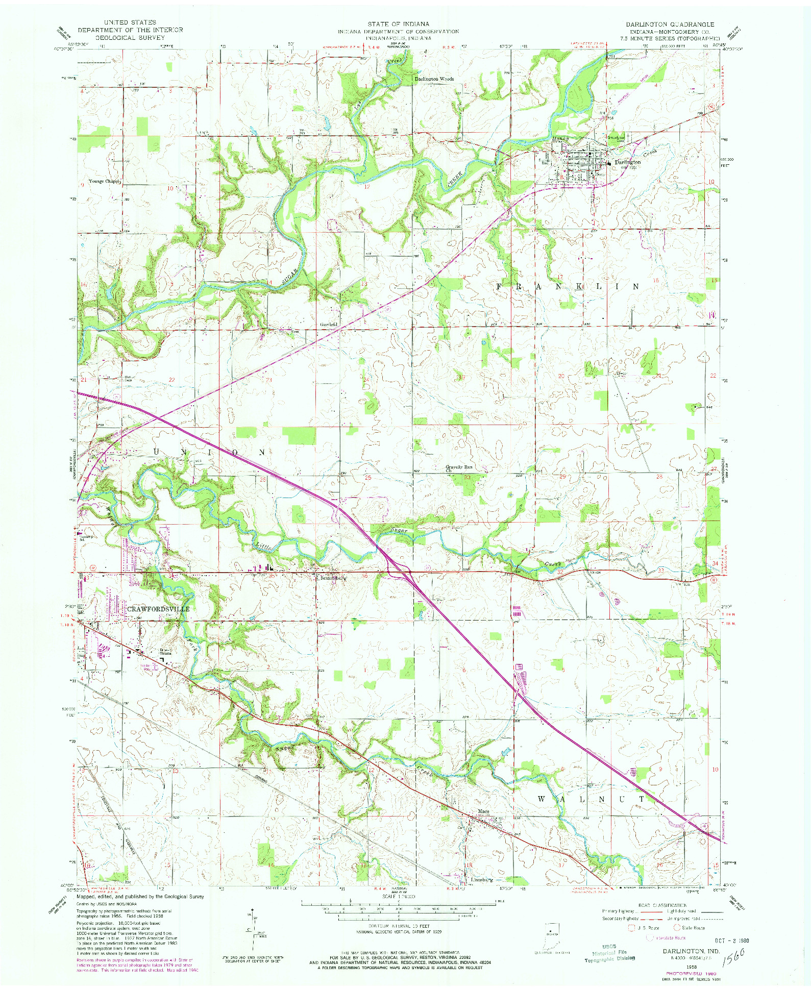 USGS 1:24000-SCALE QUADRANGLE FOR DARLINGTON, IN 1958
