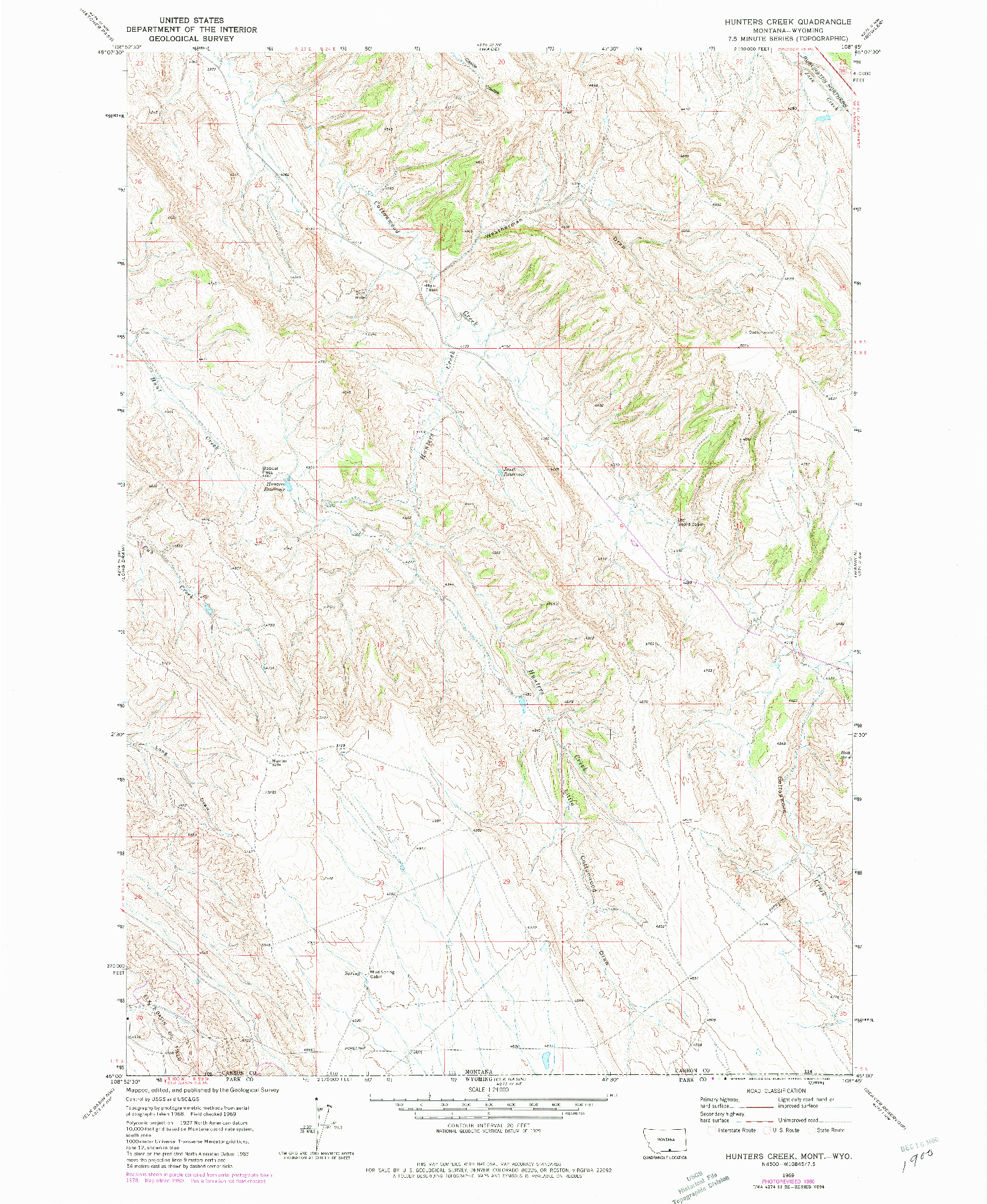 USGS 1:24000-SCALE QUADRANGLE FOR HUNTERS CREEK, MT 1969