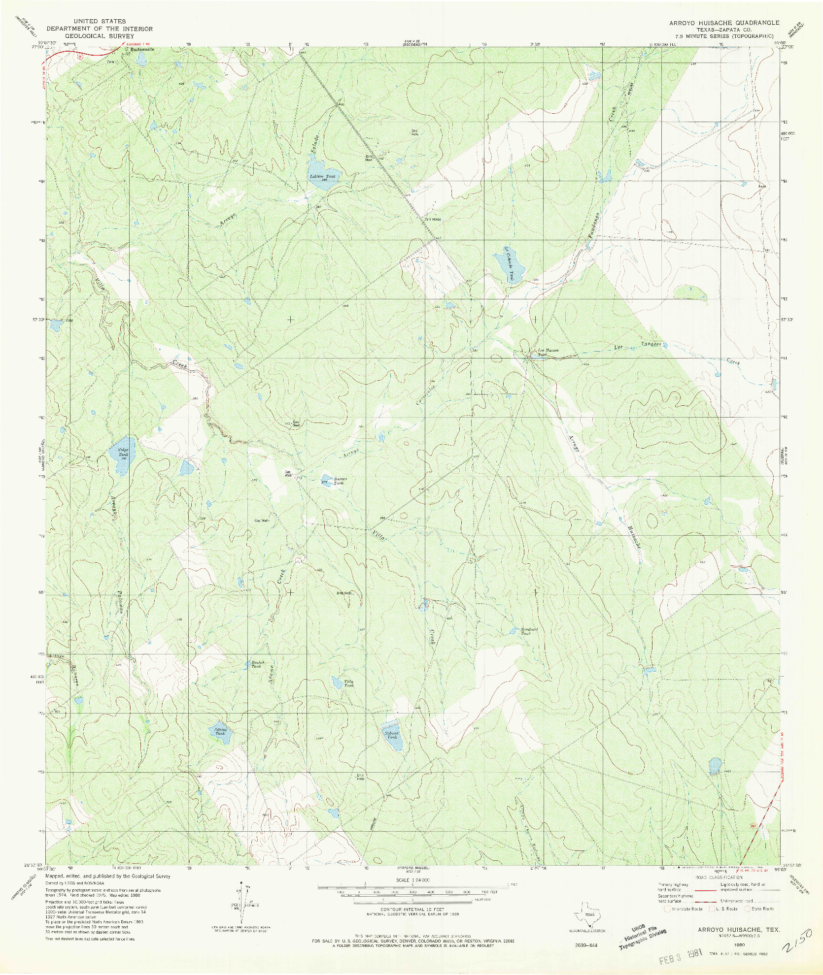 USGS 1:24000-SCALE QUADRANGLE FOR ARROYO HUISACHE, TX 1980