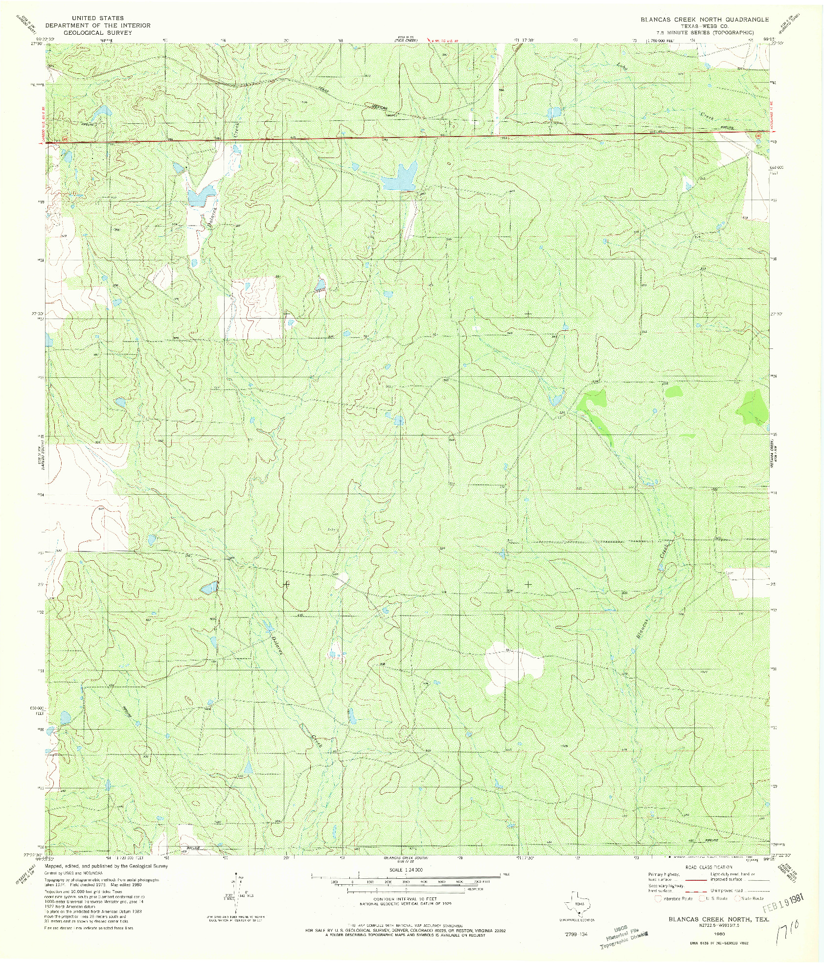 USGS 1:24000-SCALE QUADRANGLE FOR BLANCAS CREEK NORTH, TX 1980