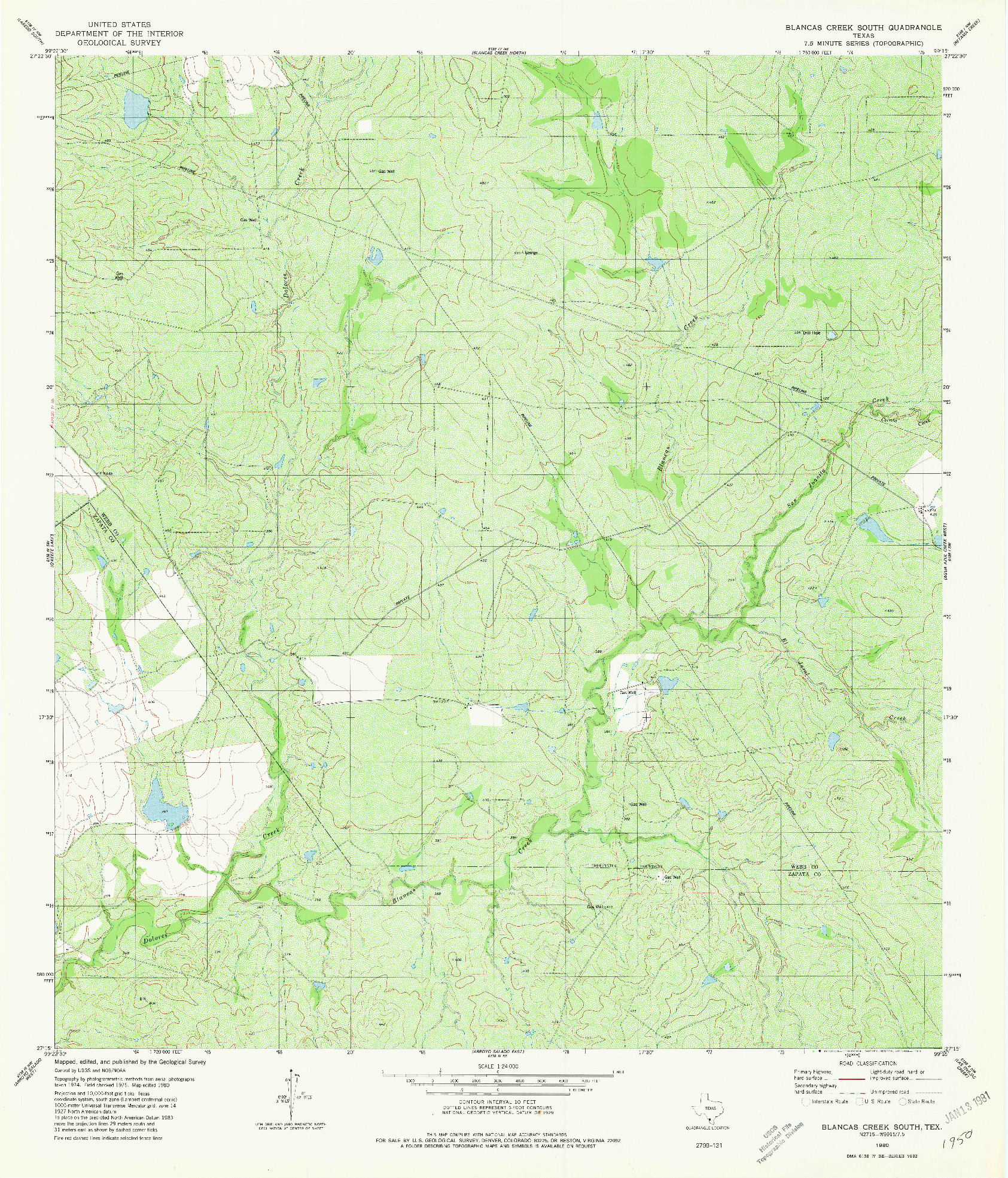USGS 1:24000-SCALE QUADRANGLE FOR BLANCAS CREEK SOUTH, TX 1980