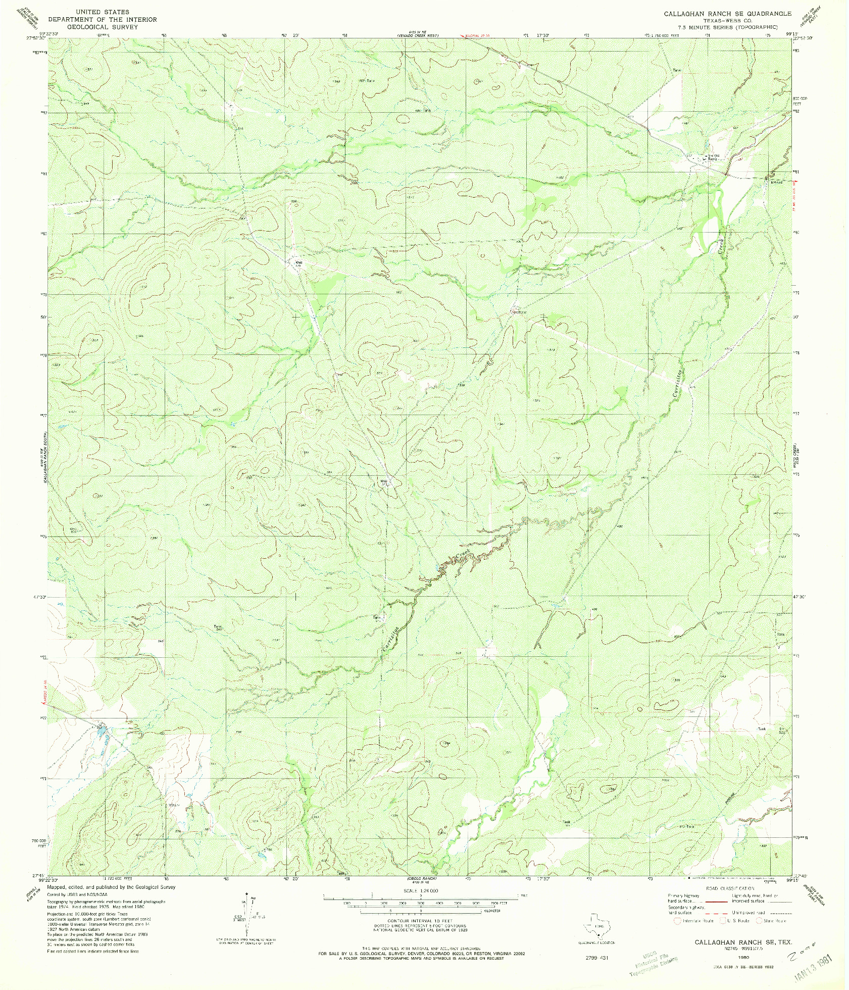 USGS 1:24000-SCALE QUADRANGLE FOR CALLAGHAN RANCH SE, TX 1980