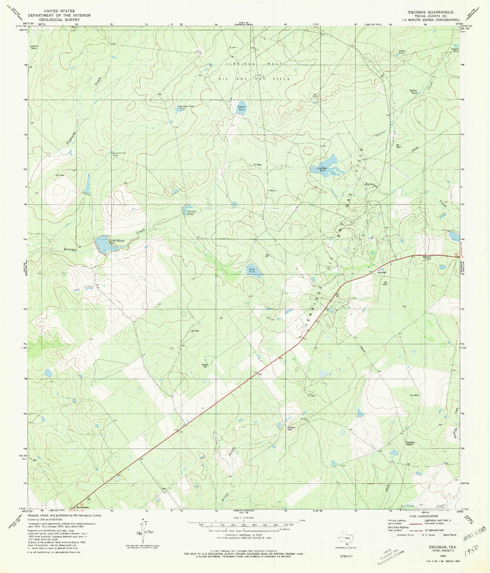 USGS 1:24000-SCALE QUADRANGLE FOR ESCOBAS, TX 1980