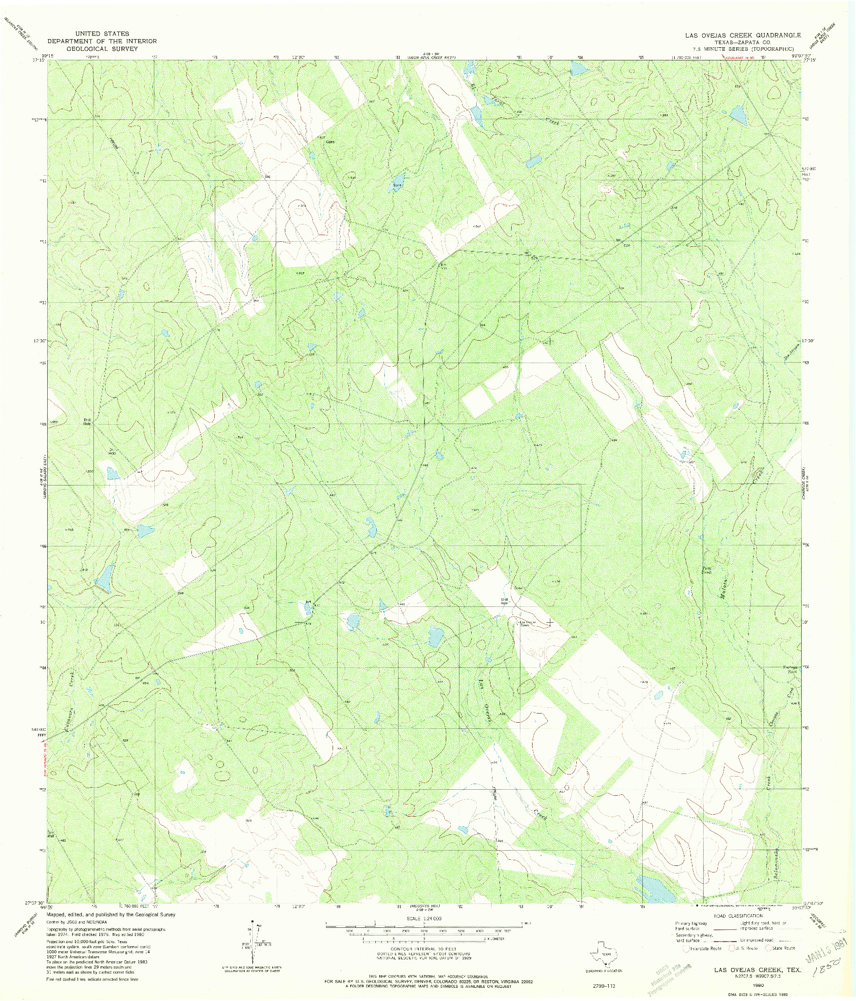 USGS 1:24000-SCALE QUADRANGLE FOR LAS OVEJAS CREEK, TX 1980