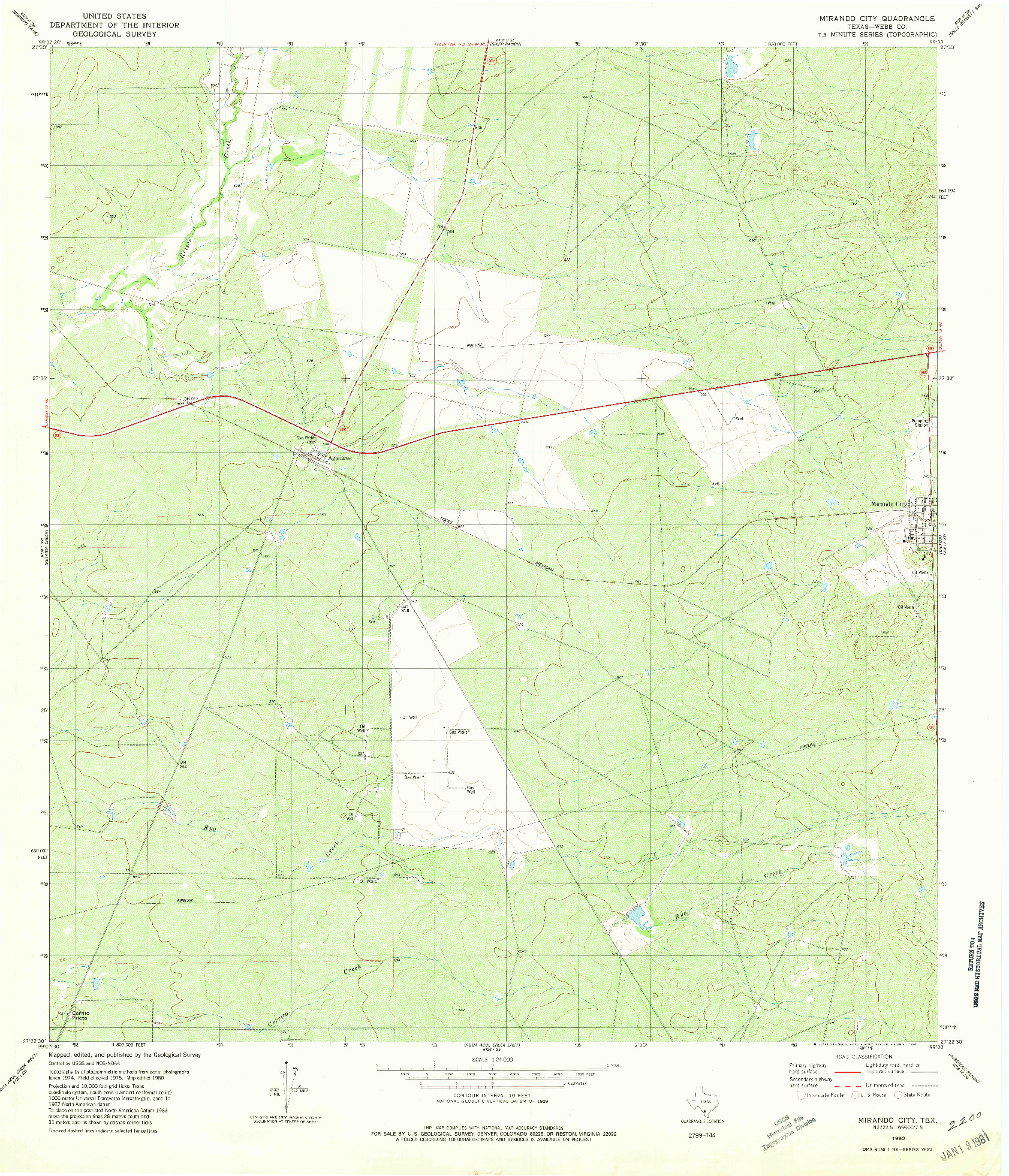 USGS 1:24000-SCALE QUADRANGLE FOR MIRANDO CITY, TX 1980