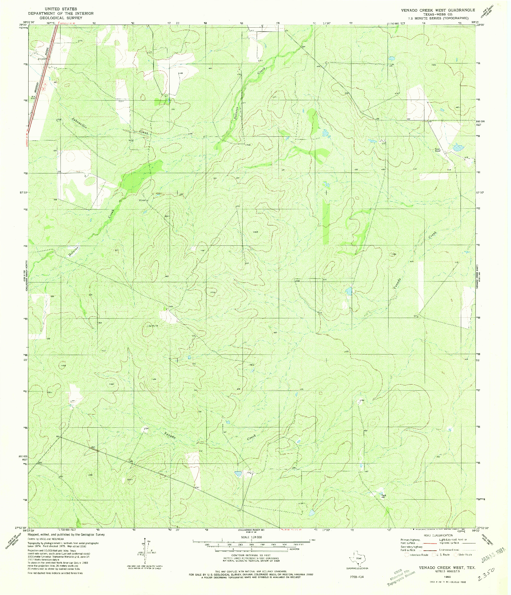 USGS 1:24000-SCALE QUADRANGLE FOR VENADO CREEK WEST, TX 1980