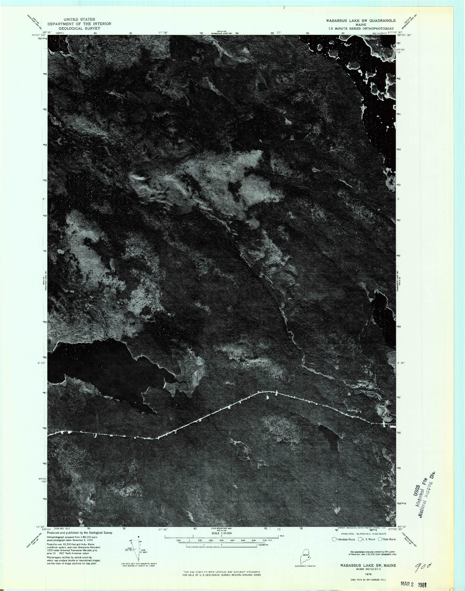USGS 1:24000-SCALE QUADRANGLE FOR WABASSUS LAKE SW, ME 1975