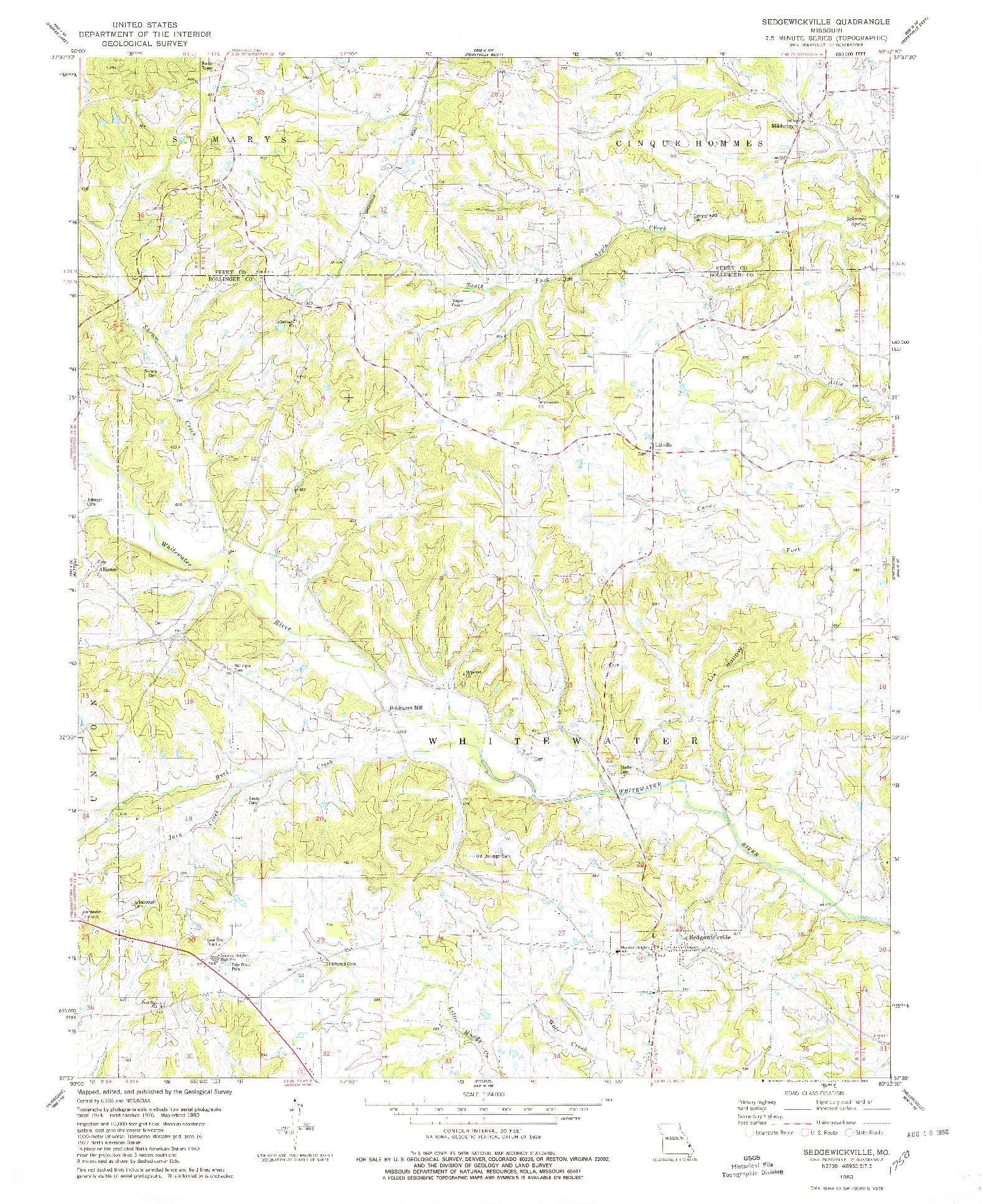 USGS 1:24000-SCALE QUADRANGLE FOR SEDGEWICKVILLE, MO 1980