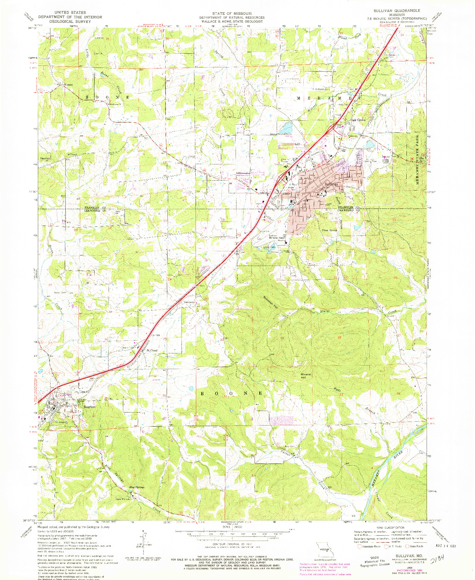 USGS 1:24000-SCALE QUADRANGLE FOR SULLIVAN, MO 1969