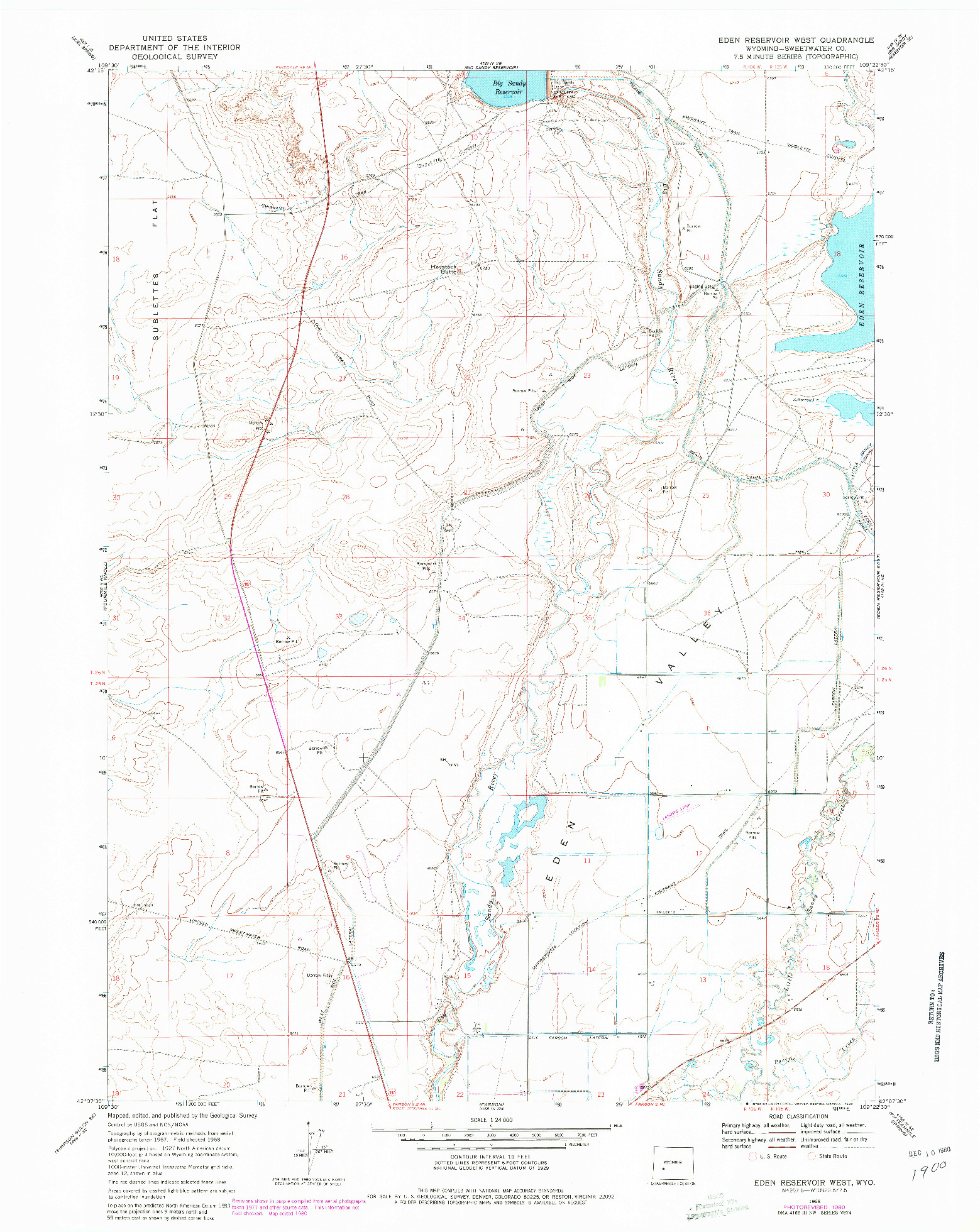 USGS 1:24000-SCALE QUADRANGLE FOR EDEN RESERVOIR WEST, WY 1968