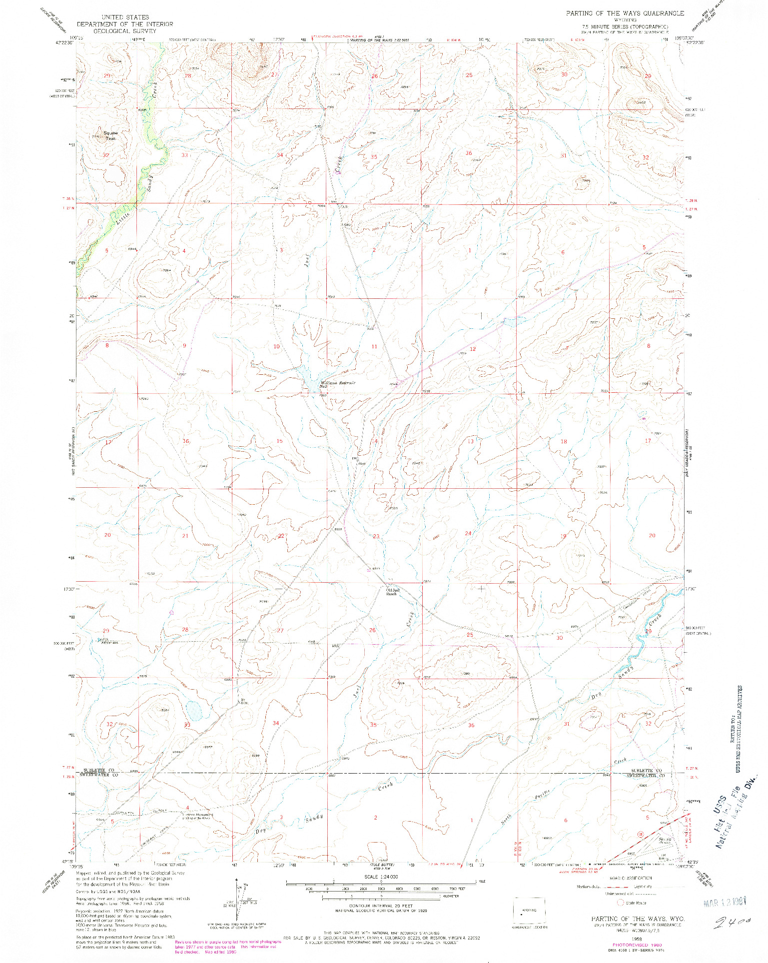 USGS 1:24000-SCALE QUADRANGLE FOR PARTING OF THE WAYS, WY 1958