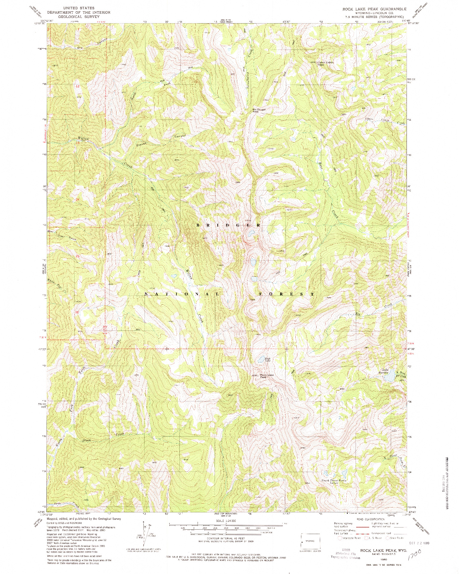 USGS 1:24000-SCALE QUADRANGLE FOR ROCK LAKE PEAK, WY 1980