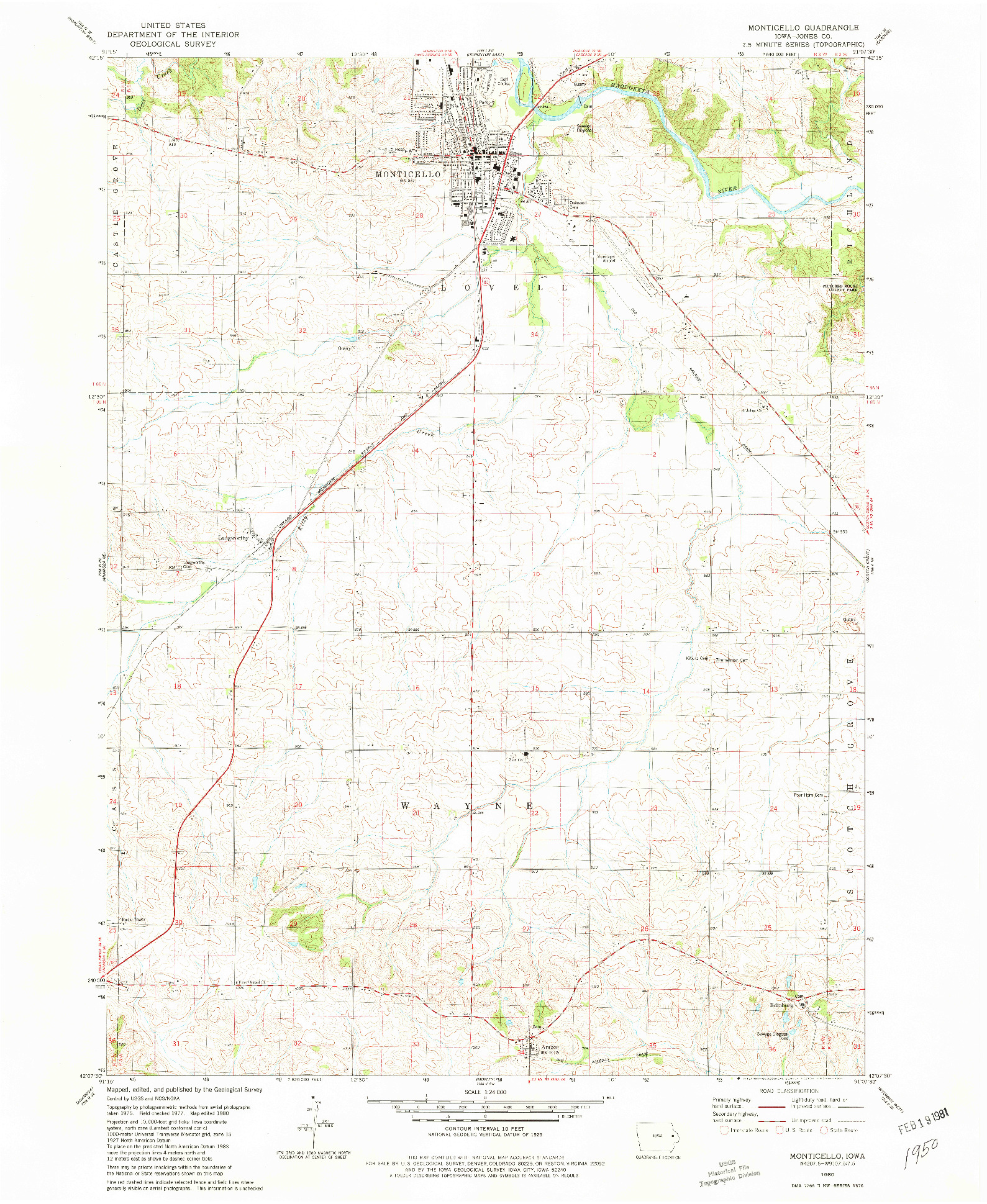 USGS 1:24000-SCALE QUADRANGLE FOR MONTICELLO, IA 1980