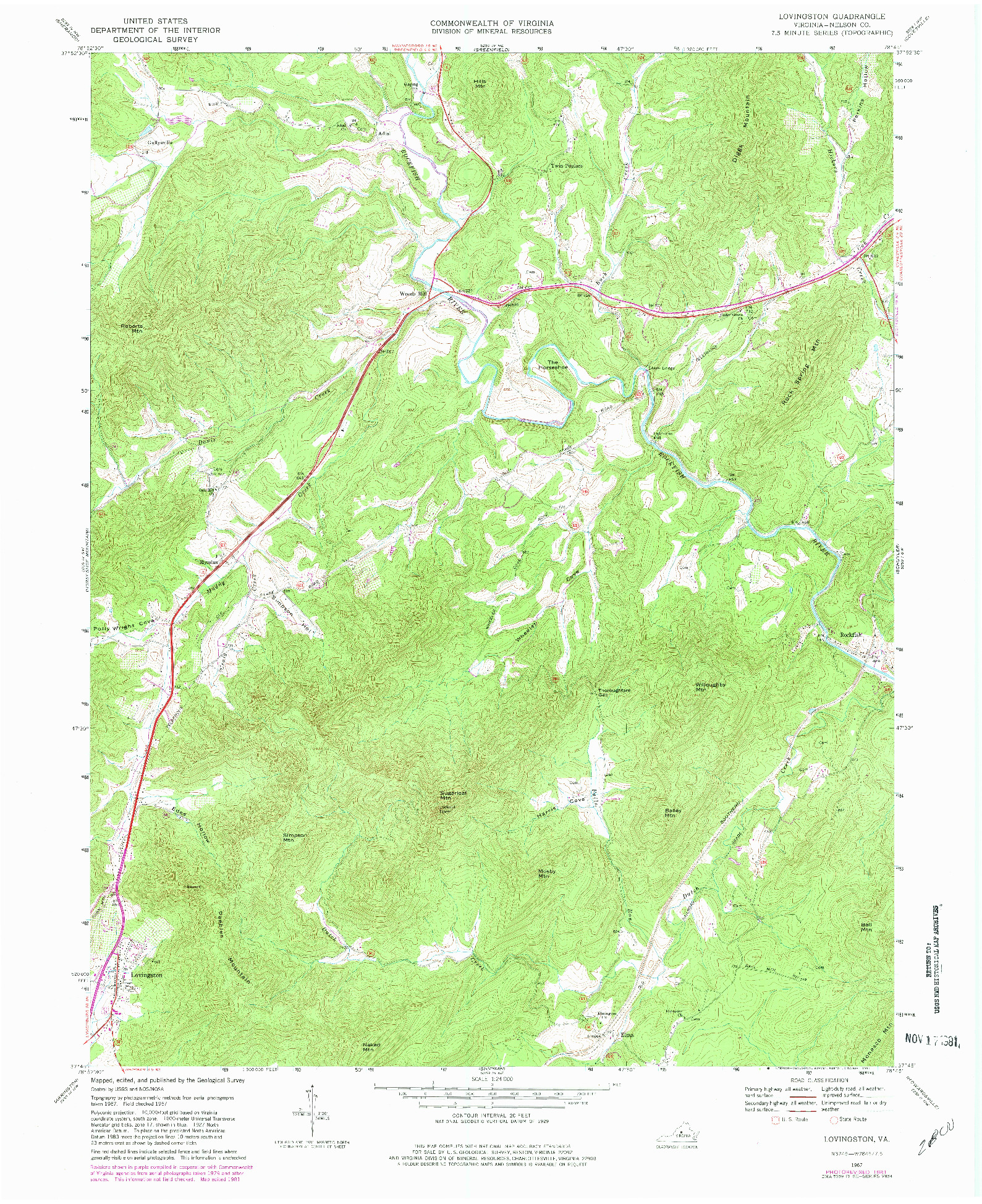 USGS 1:24000-SCALE QUADRANGLE FOR LOVINGSTON, VA 1967