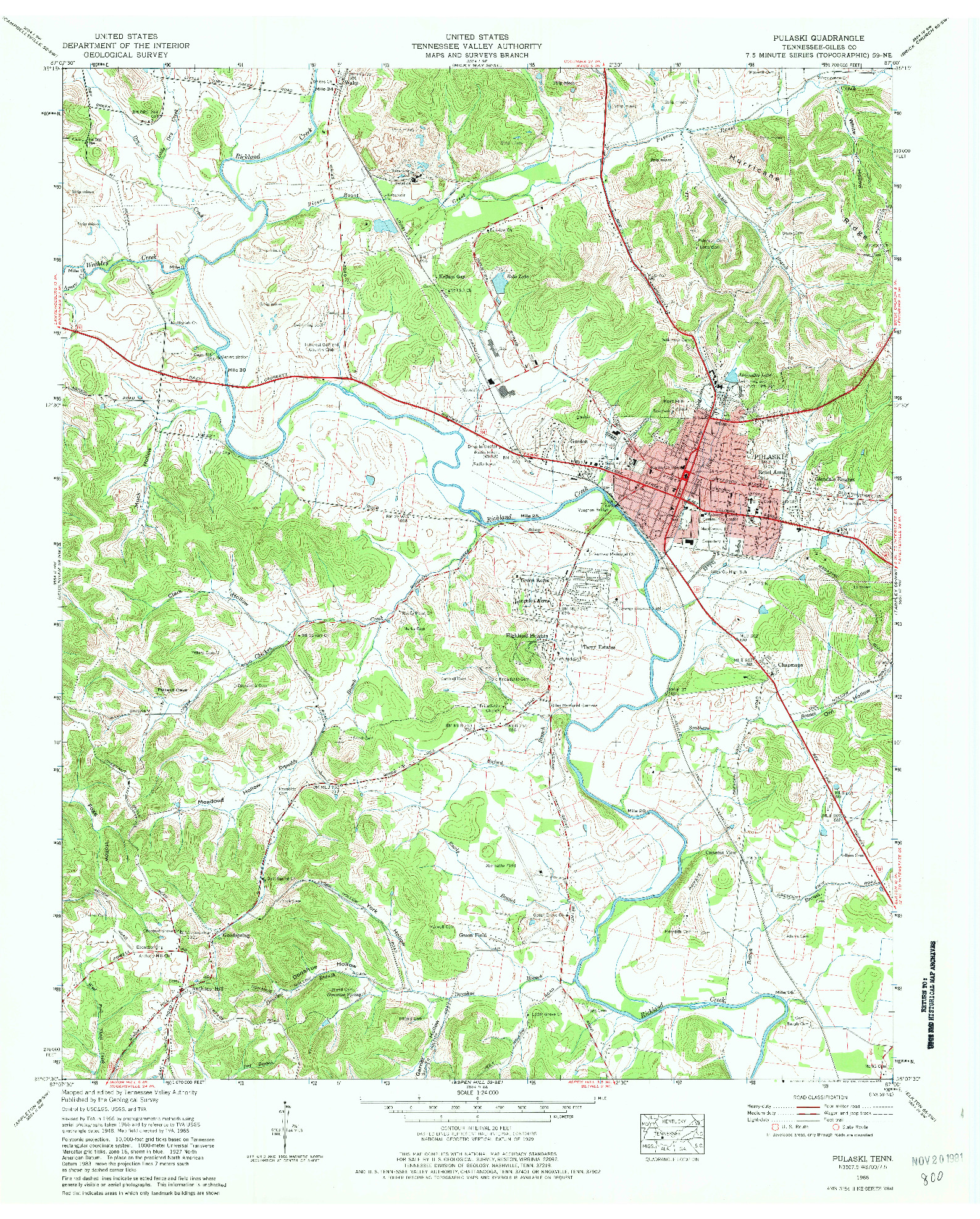 USGS 1:24000-SCALE QUADRANGLE FOR PULASKI, TN 1966