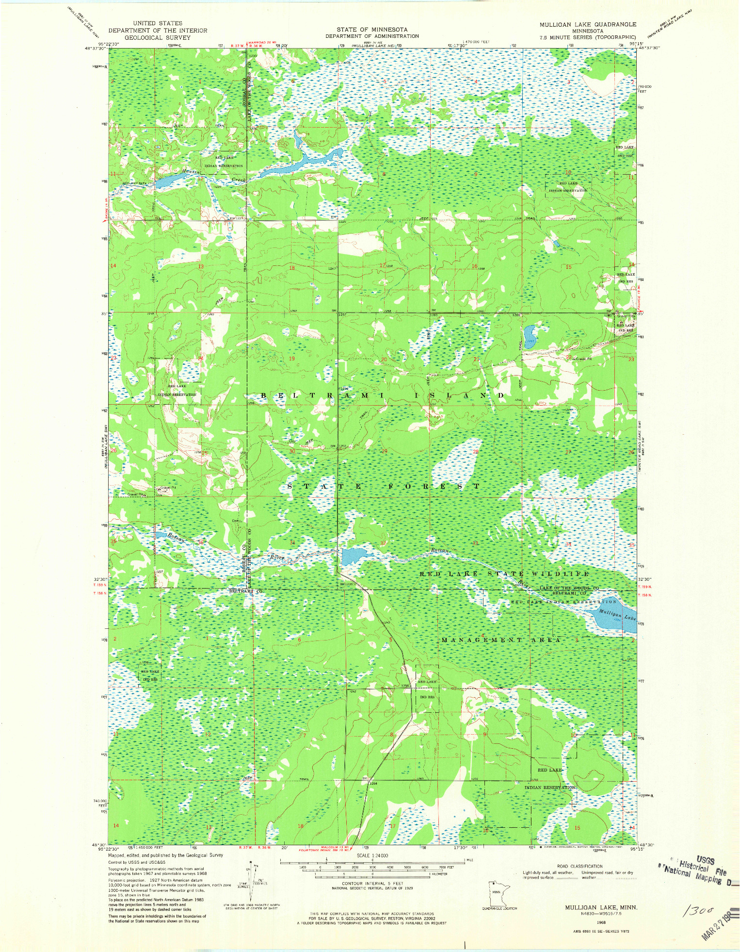 USGS 1:24000-SCALE QUADRANGLE FOR MULLIGAN LAKE, MN 1968