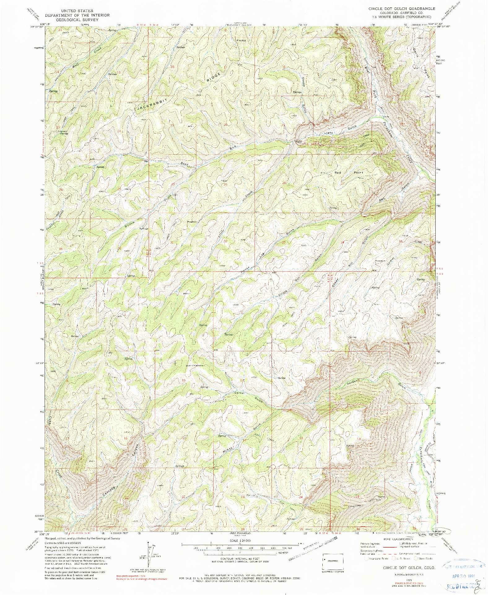 USGS 1:24000-SCALE QUADRANGLE FOR CIRCLE DOT GULCH, CO 1971