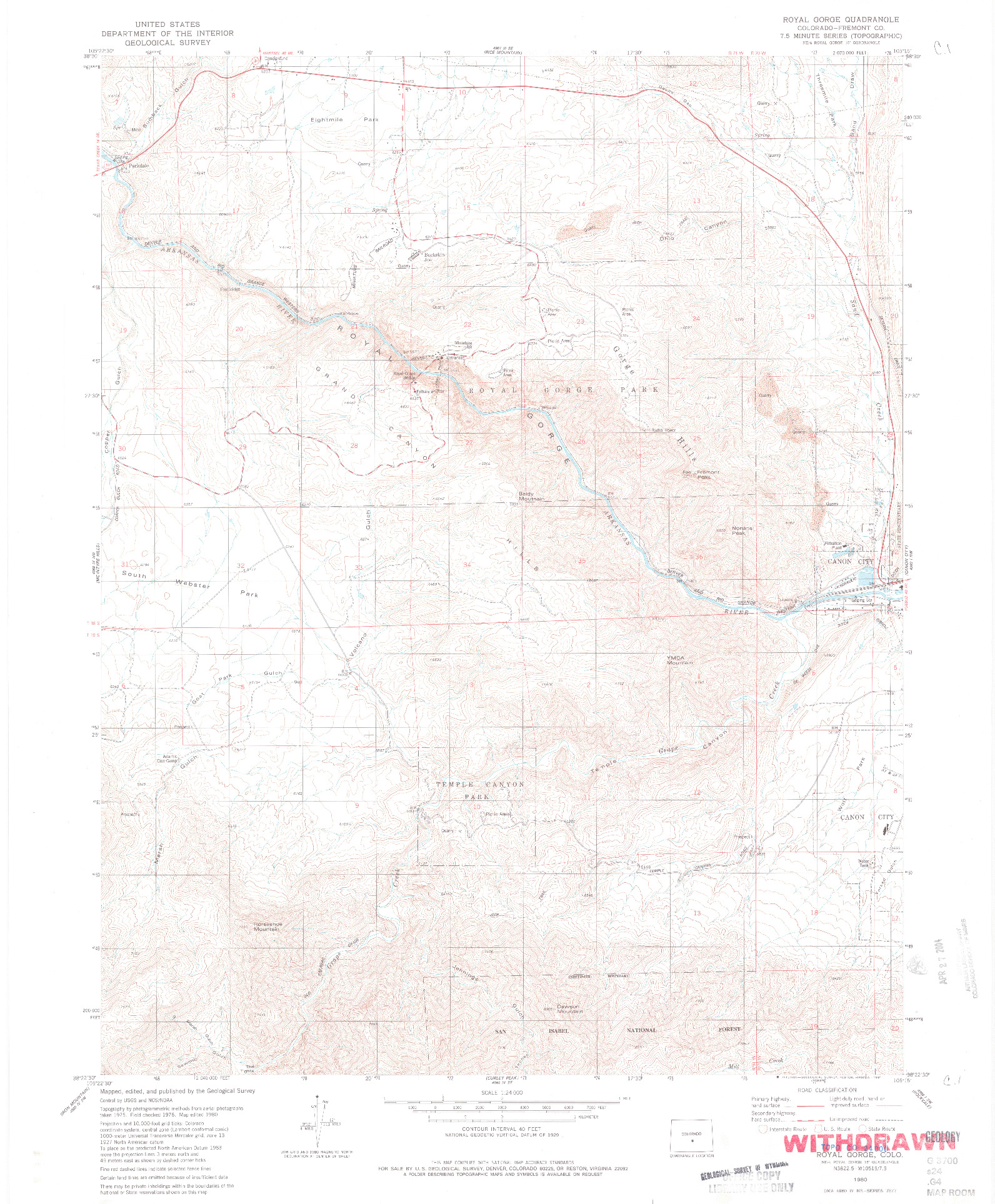USGS 1:24000-SCALE QUADRANGLE FOR ROYAL GORGE, CO 1980