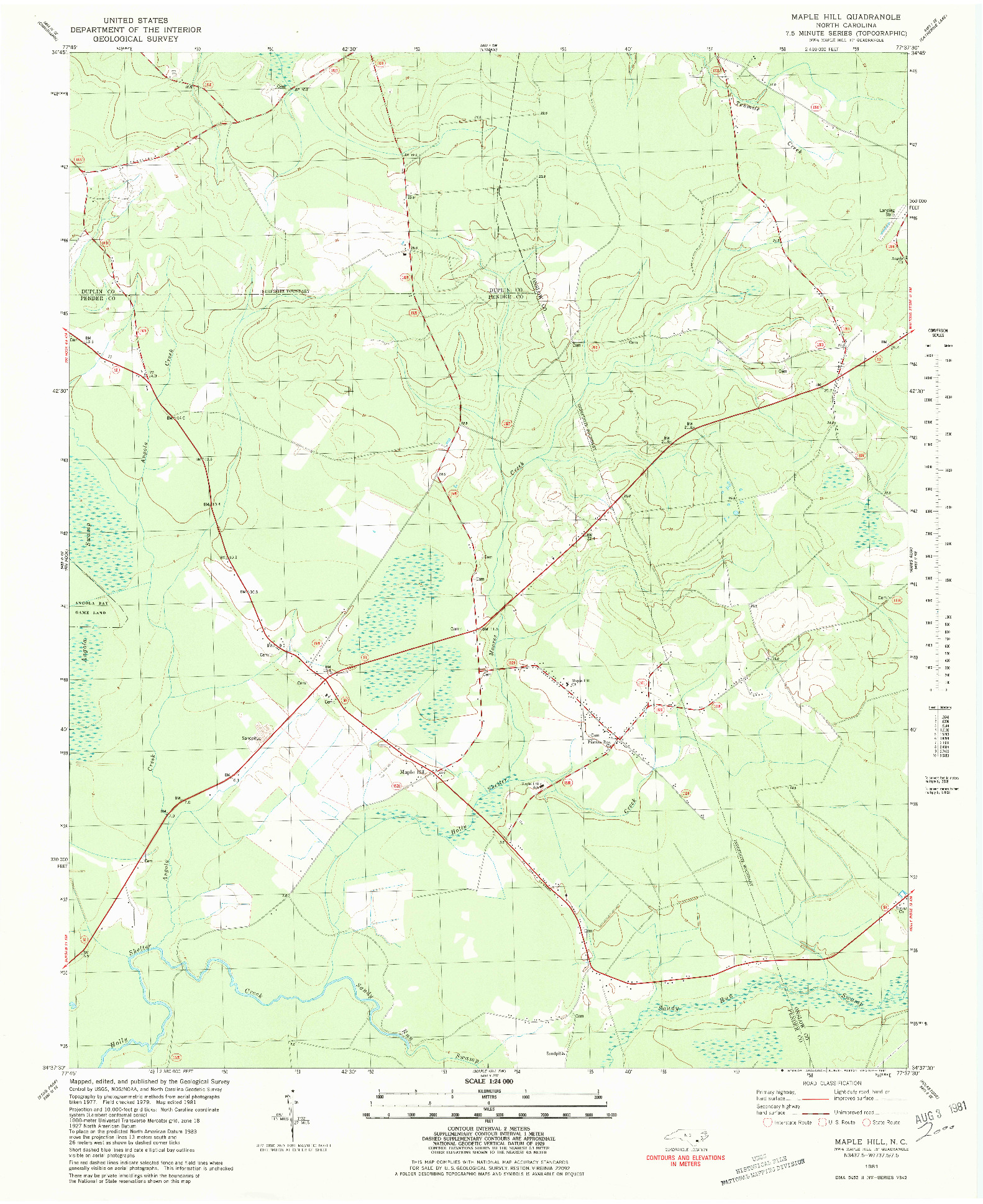 USGS 1:24000-SCALE QUADRANGLE FOR MAPLE HILL, NC 1981