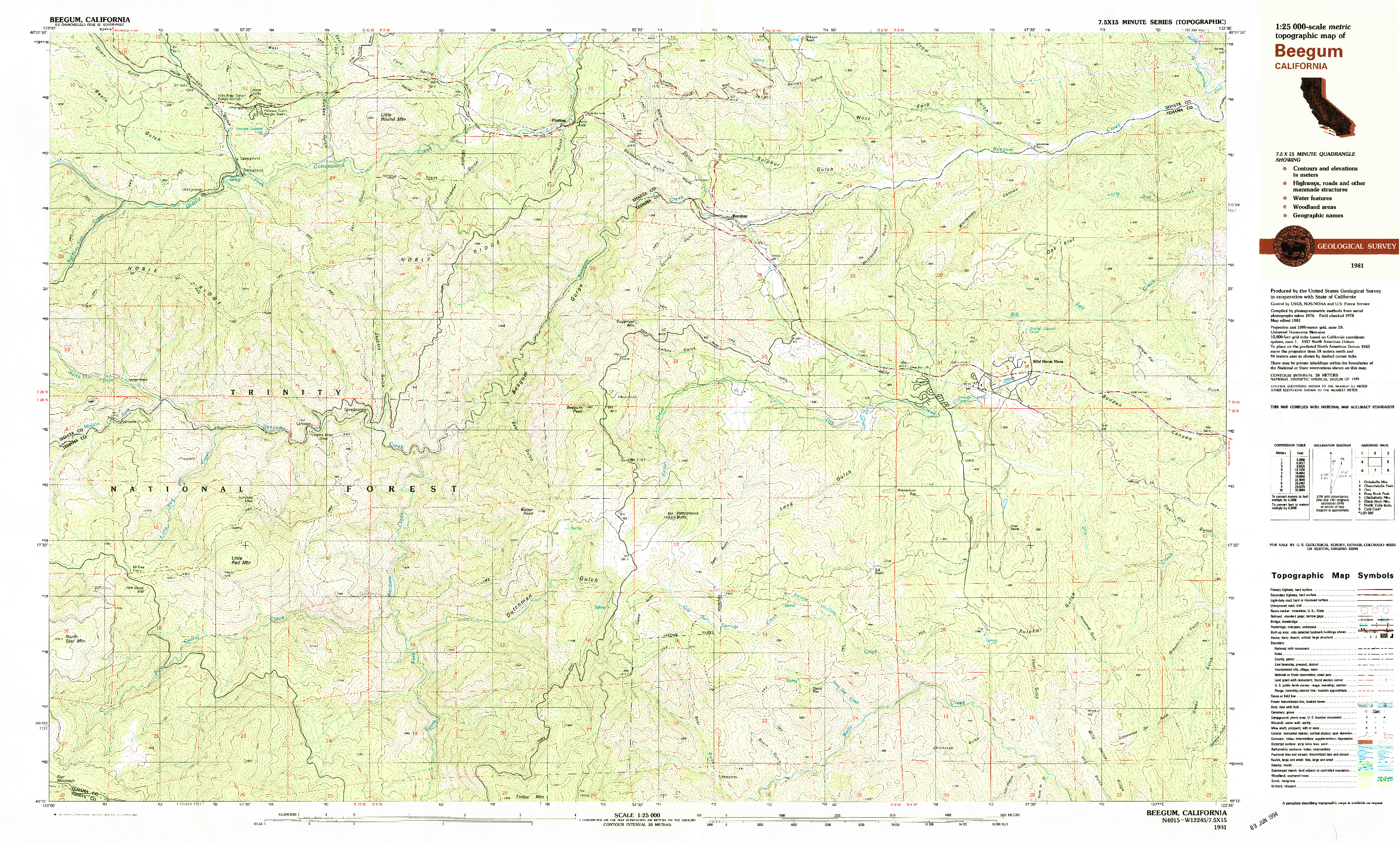 USGS 1:25000-SCALE QUADRANGLE FOR BEEGUM, CA 1981