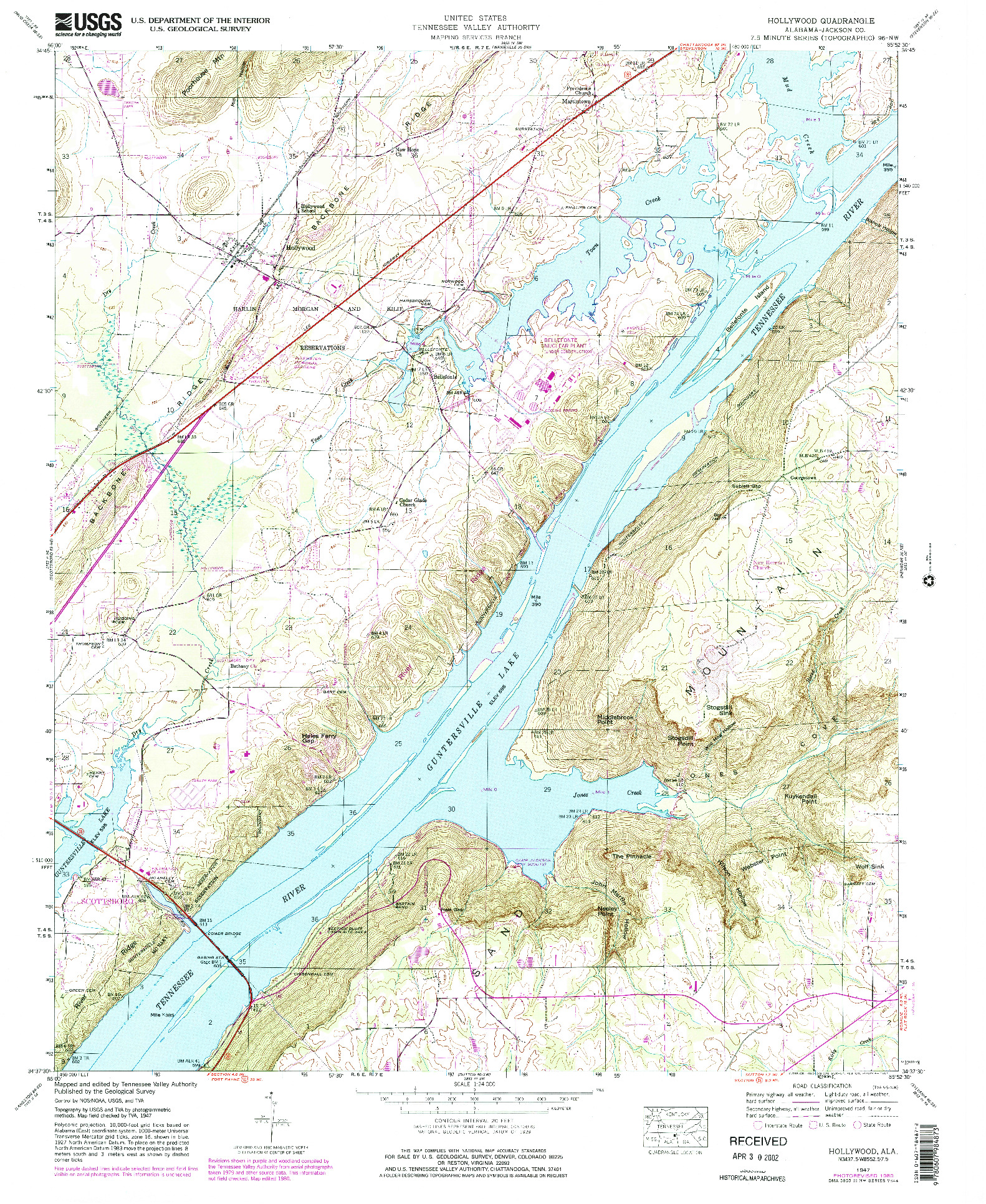 USGS 1:24000-SCALE QUADRANGLE FOR HOLLYWOOD, AL 1947