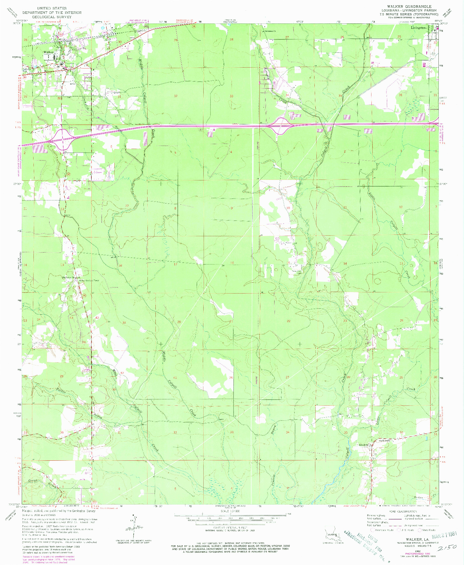 USGS 1:24000-SCALE QUADRANGLE FOR WALKER, LA 1962