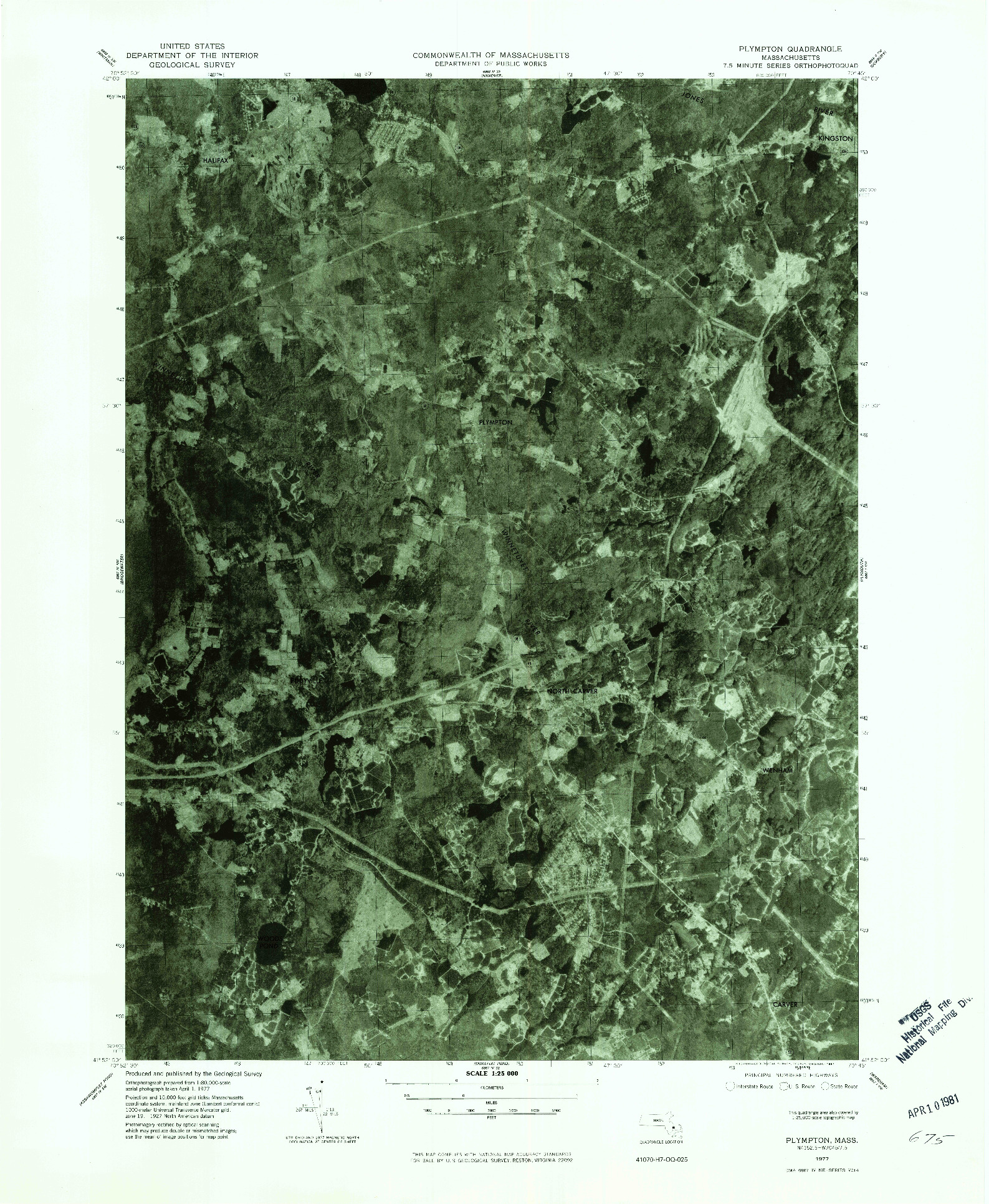 USGS 1:25000-SCALE QUADRANGLE FOR PLYMPTON, MA 1977