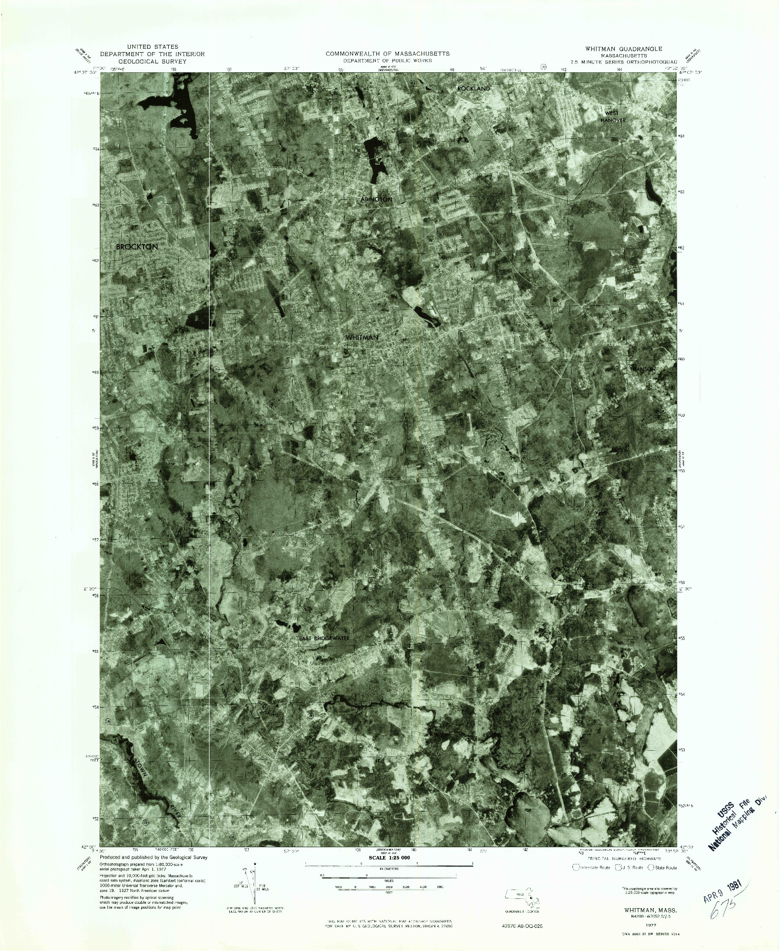 USGS 1:25000-SCALE QUADRANGLE FOR WHITMAN, MA 1977