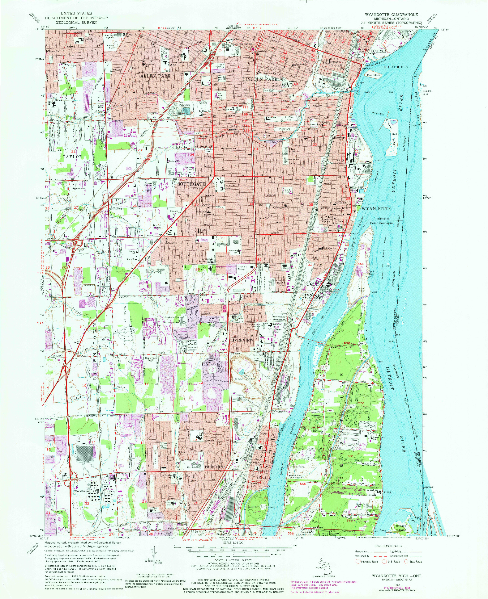 USGS 1:24000-SCALE QUADRANGLE FOR WYANDOTTE, MI 1967