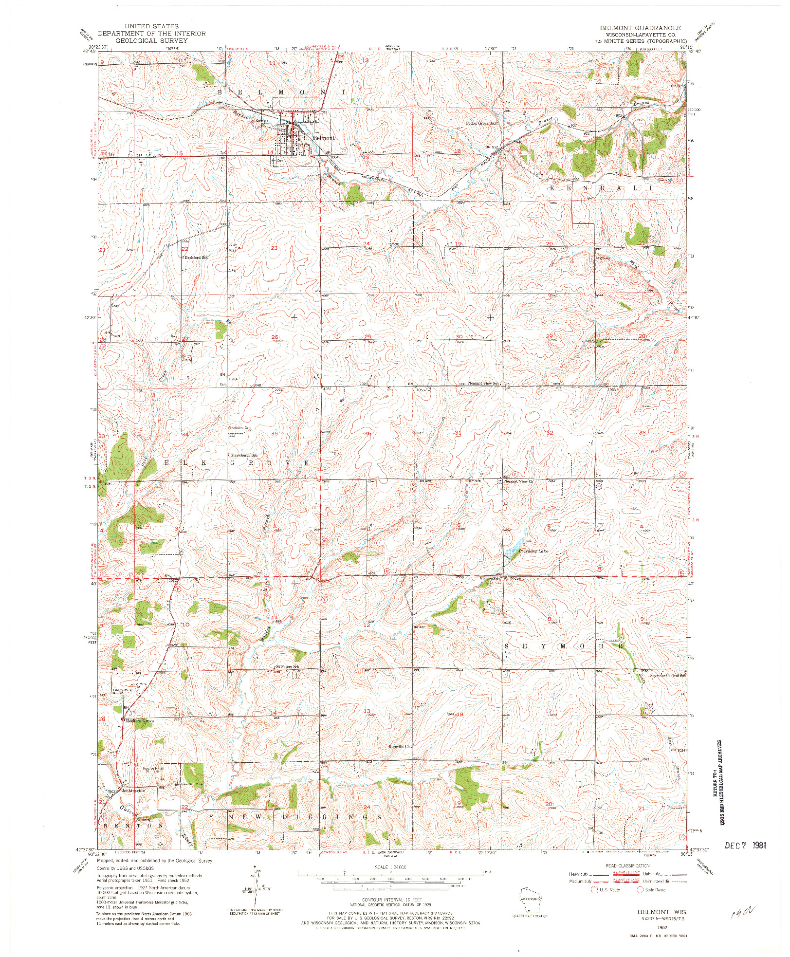 USGS 1:24000-SCALE QUADRANGLE FOR BELMONT, WI 1952