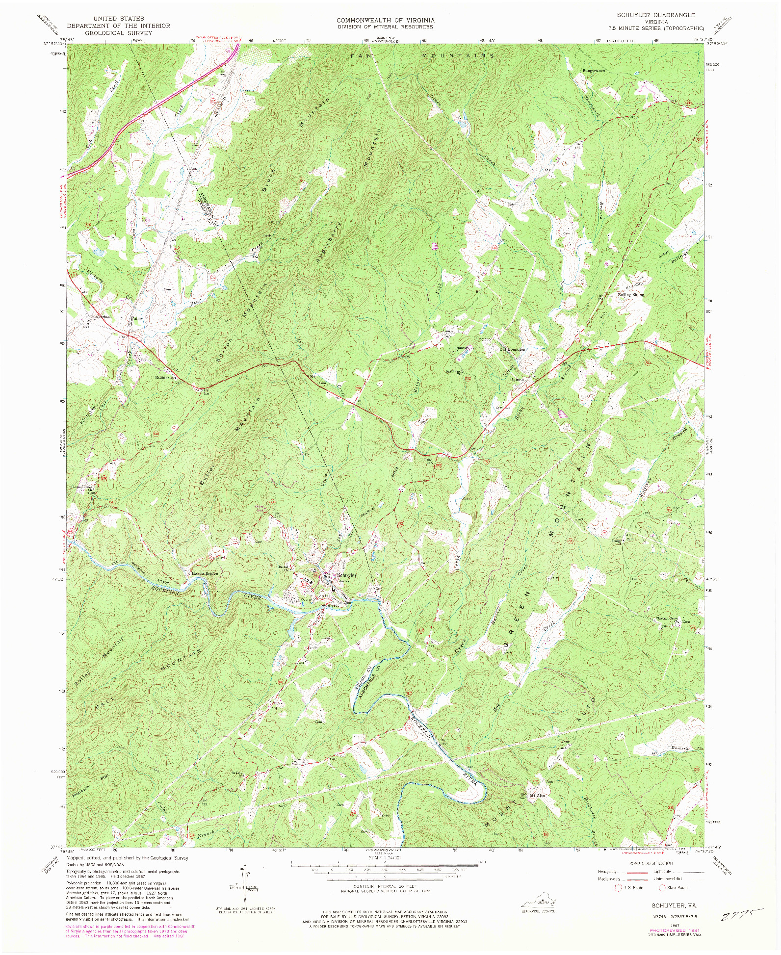 USGS 1:24000-SCALE QUADRANGLE FOR SCHUYLER, VA 1967