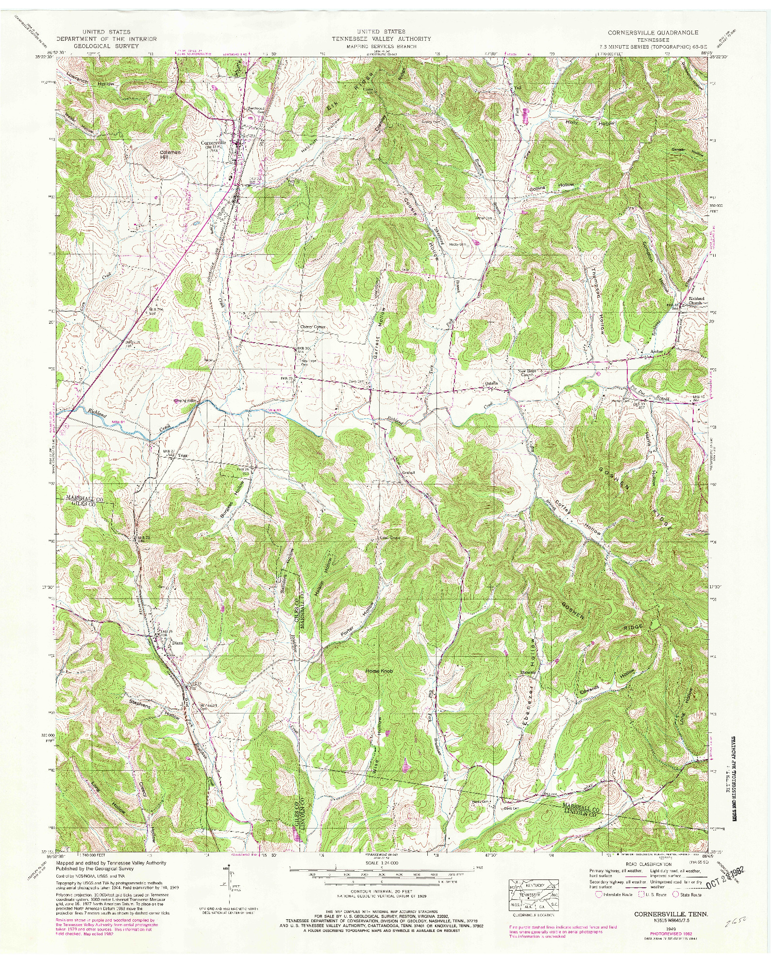 USGS 1:24000-SCALE QUADRANGLE FOR CORNERSVILLE, TN 1949