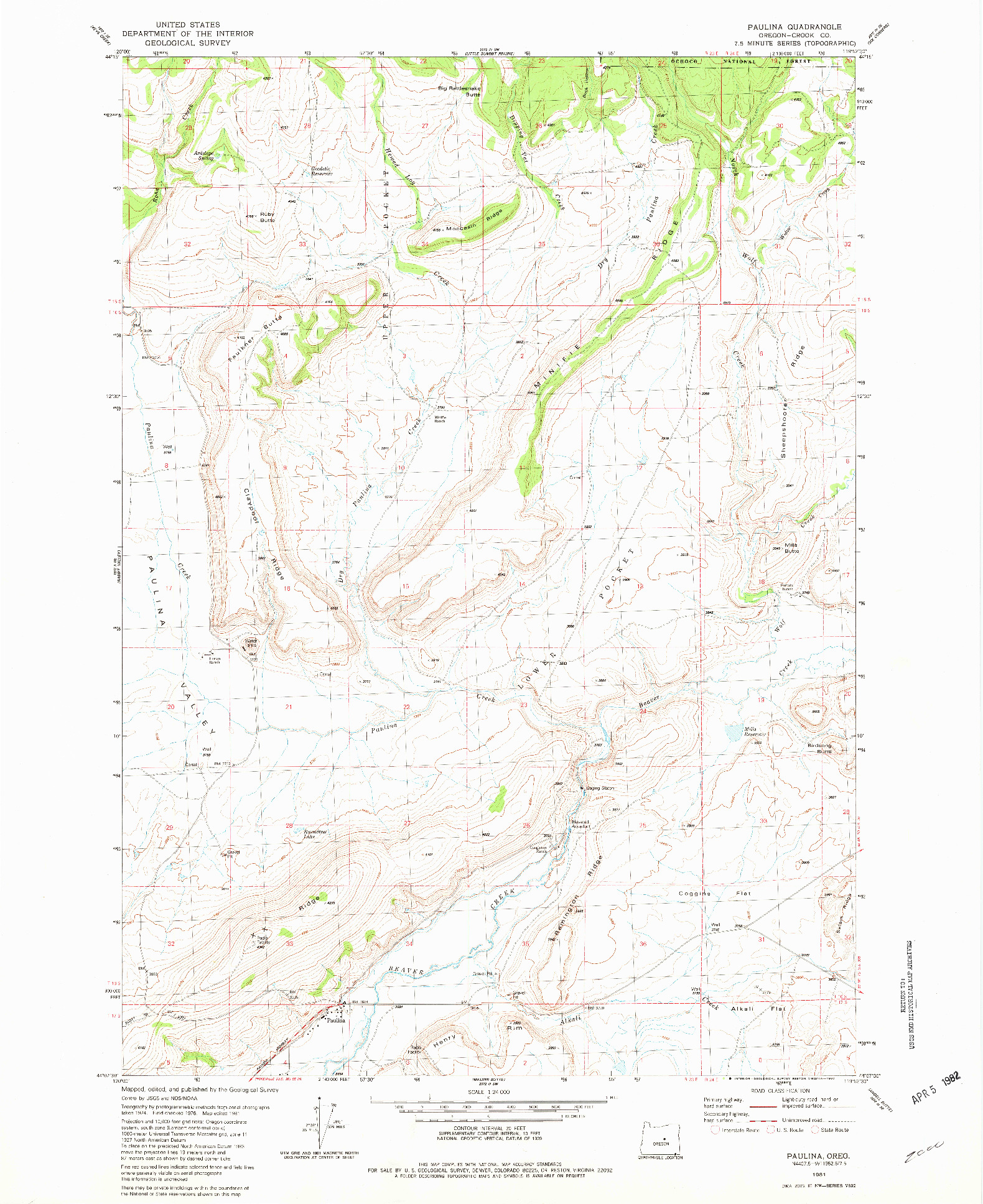 USGS 1:24000-SCALE QUADRANGLE FOR PAULINA, OR 1981