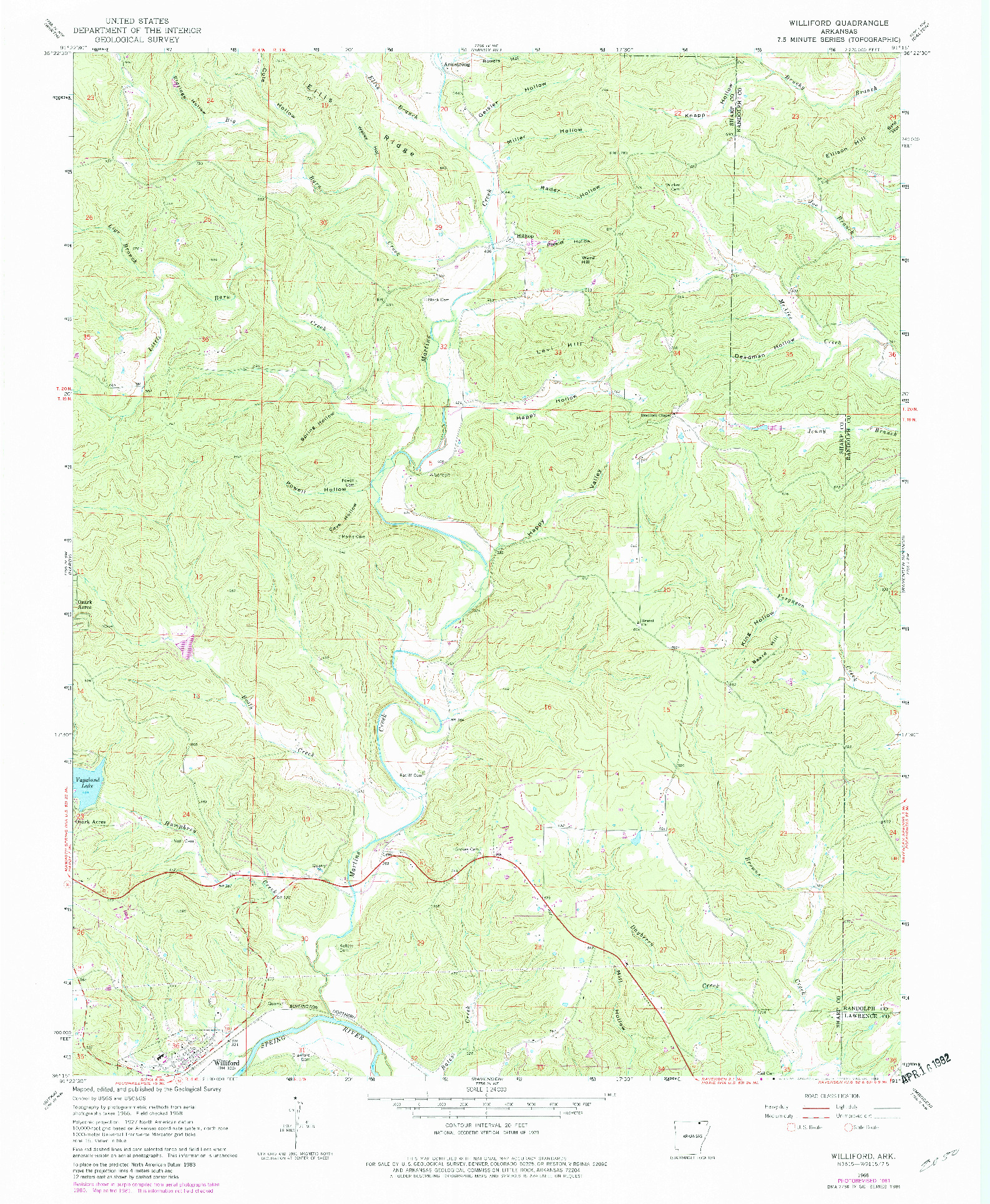 USGS 1:24000-SCALE QUADRANGLE FOR WILLIFORD, AR 1968