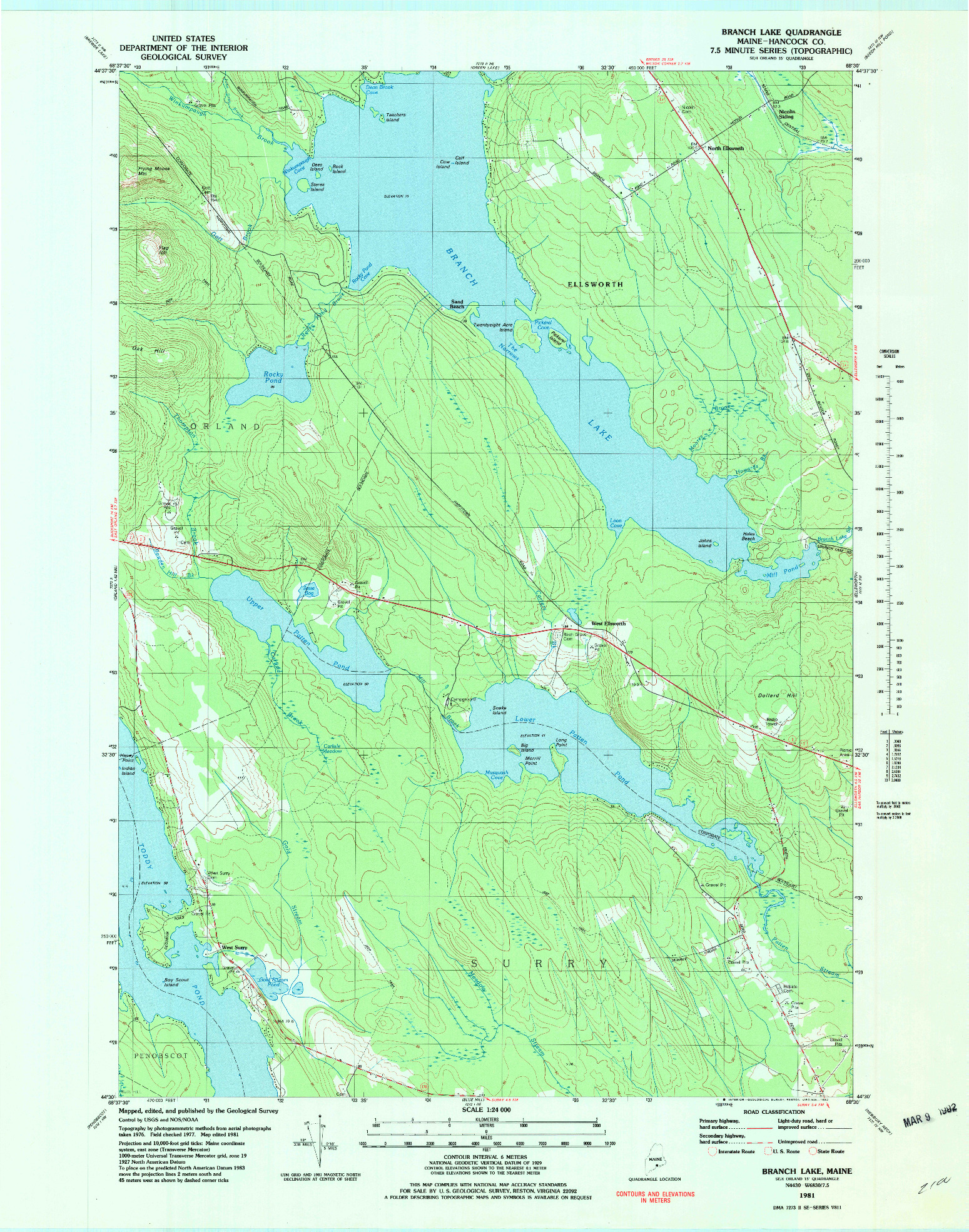 USGS 1:24000-SCALE QUADRANGLE FOR BRANCH LAKE, ME 1981